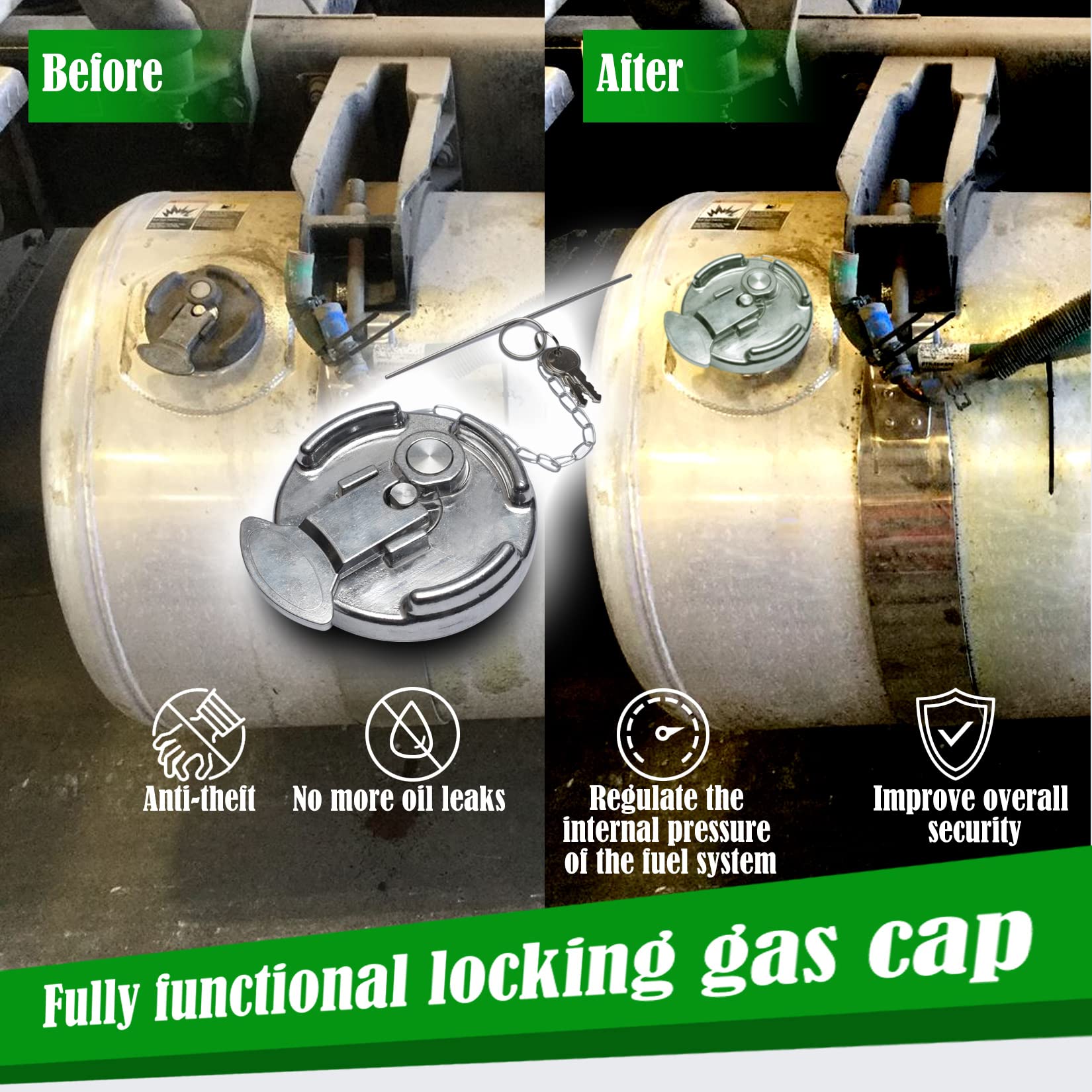 Locking Diesel Fuel Cap 2Pcs Replacement For Peterbilt 379 389 579 4' Lever Style Semi Trucks Gas Tank Accessories Replace 11-04859-100 572.1015 600212 (Silver)