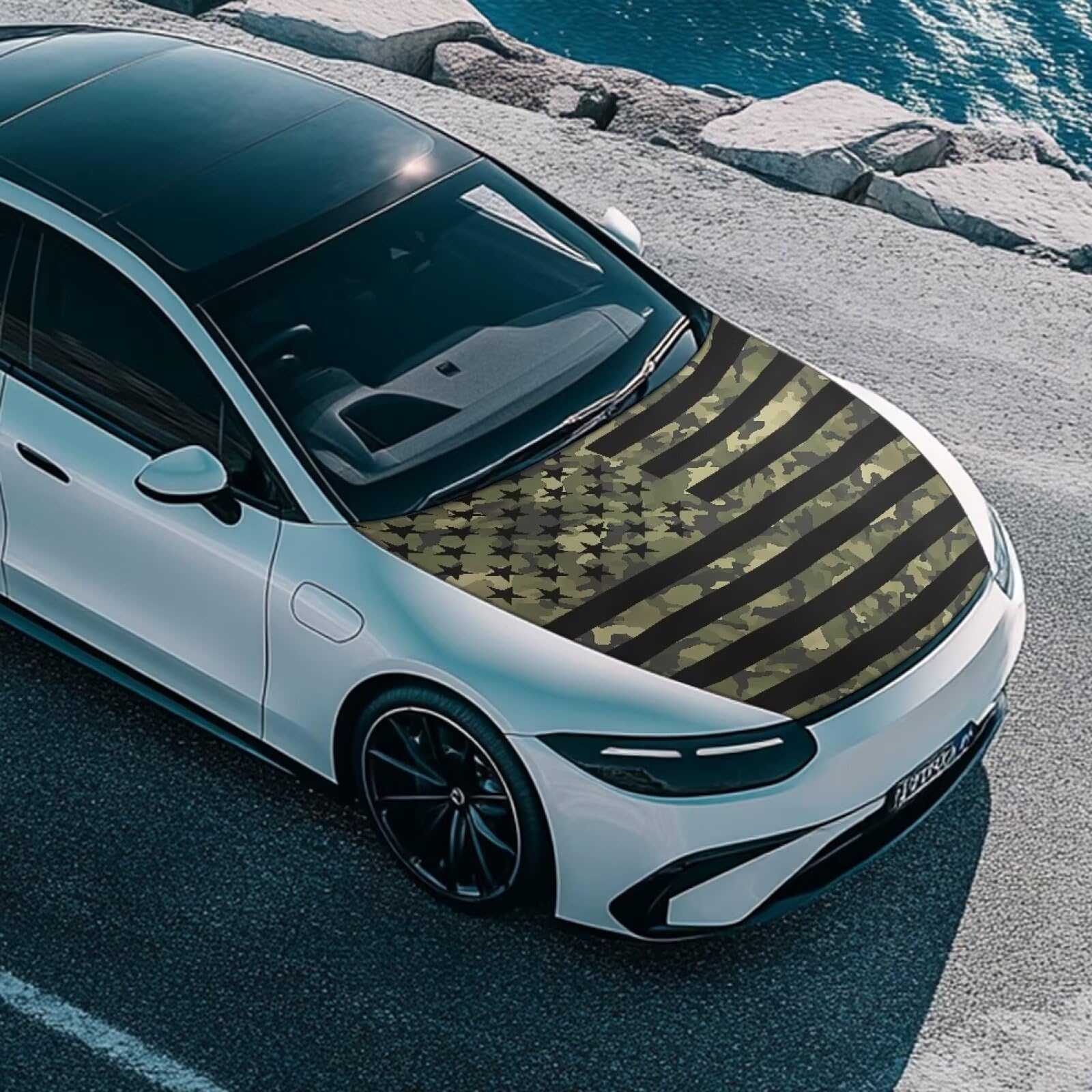 Qiyupavto Car Hood Cover, Green Camouflage American Flag Car Hood Protector Auto Hood Flag Waterproof Universal Auto Decorative