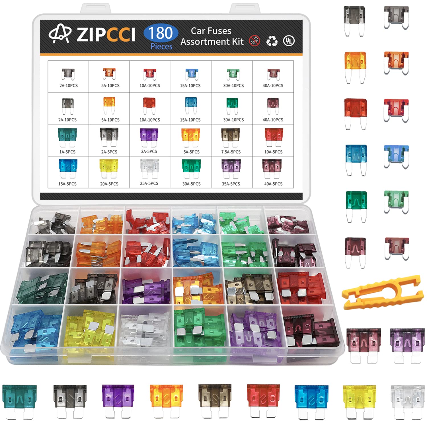 Zipcci Car Fuses Assortment Kit, 180 Pcs Standard & Mini & Low Profile Mini Fuse (1A/2A/3A/5A/7.5A/10A/15A/20A/25A/30A/35A/40Amp