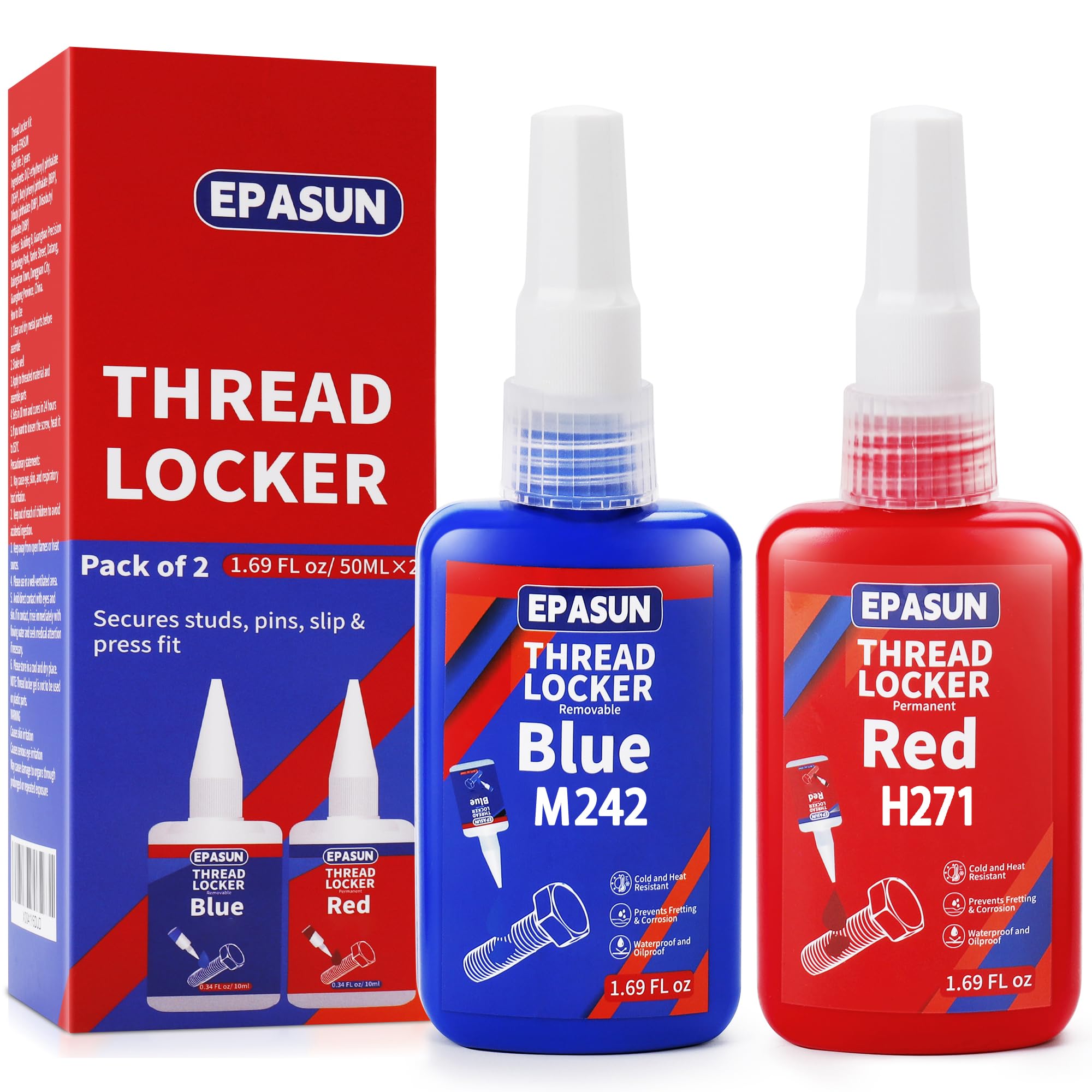 Epasun Threadlocker Blue And Red, 50Mlx2 Thread Lock Medium And Strong Strength Lock Tight For Nuts, Bolts, Fasteners, And Metal
