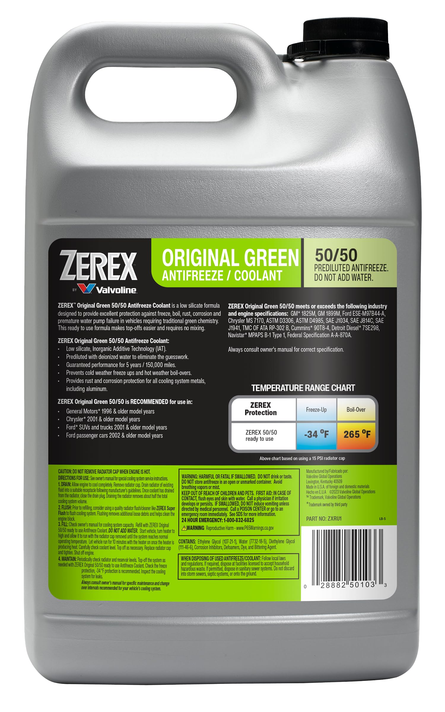 Zerex Original Green Low Silicate 50/50 Prediluted Ready-To-Use Antifreeze/Coolant 1 Ga, Case Of 6