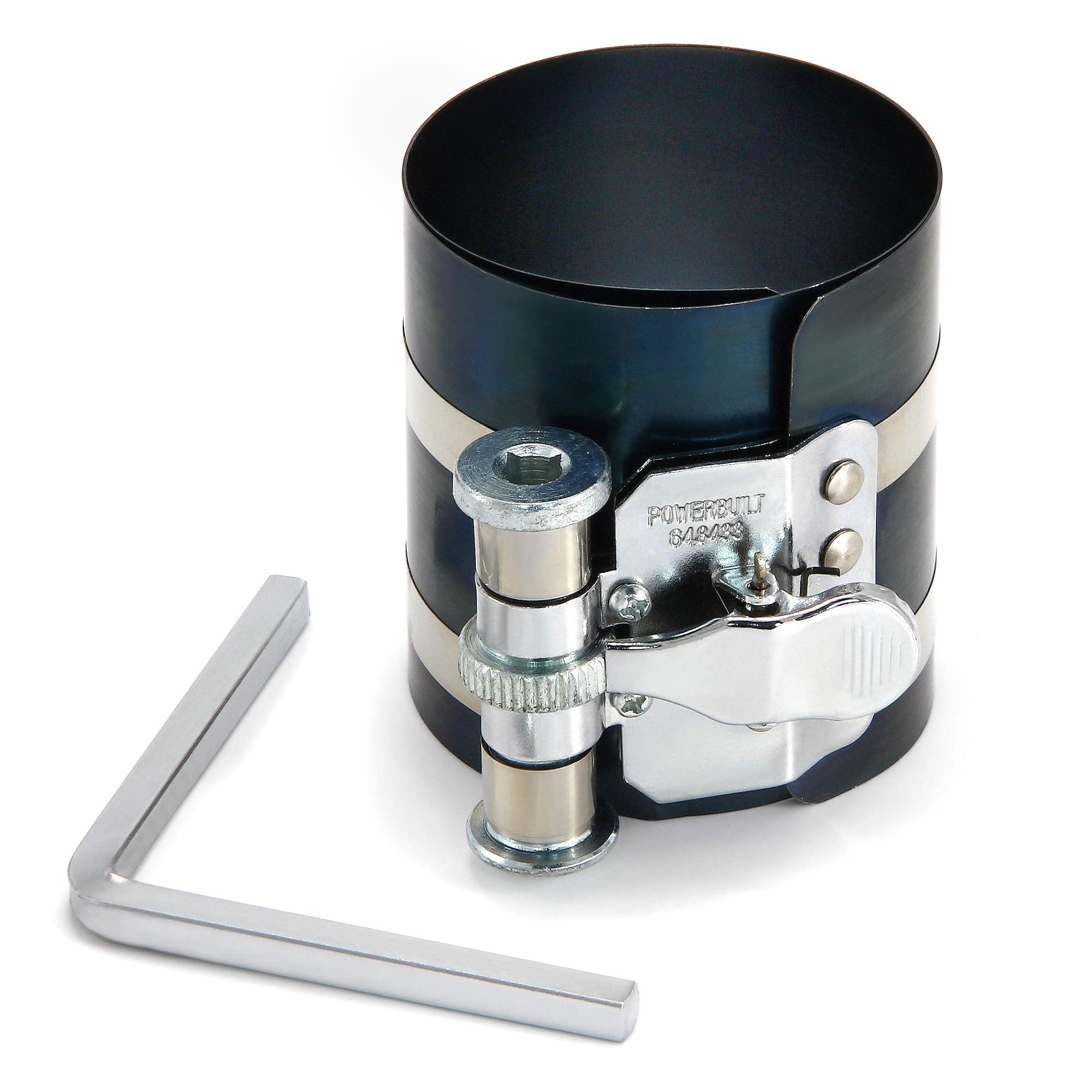 Powerbuilt Piston Ring Compressor, 2 Inch to 5 Inch Diameter, Compress Pistons, Ratcheting Lock, Release Lever, Slide into Cylinder - 648433, Silver