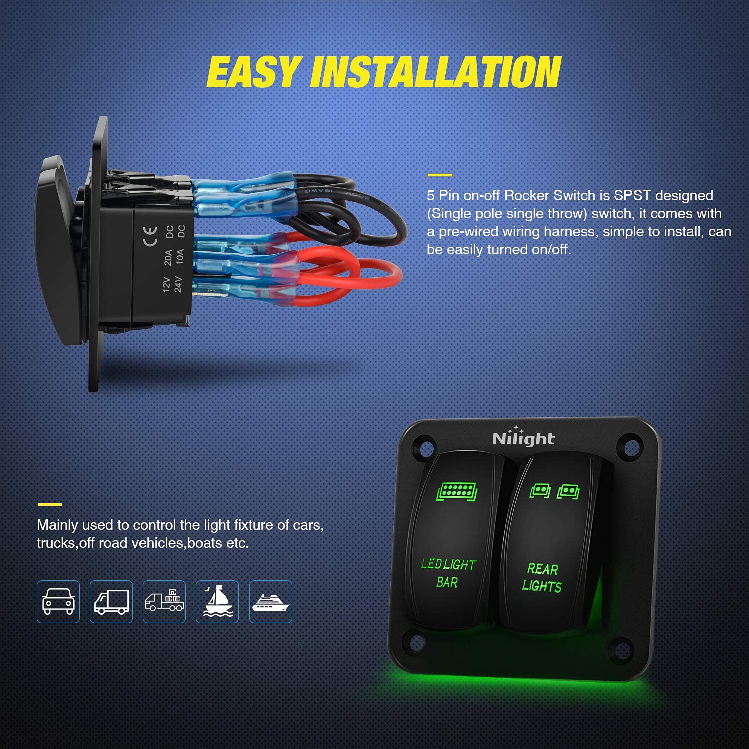 Nilight 2 Gang Rocker Switch Panel LED Light Bar Rear Lights 12 24V DC Green Switches 5Pin ON Off Pre-Wired Toggle for Cars ATVs