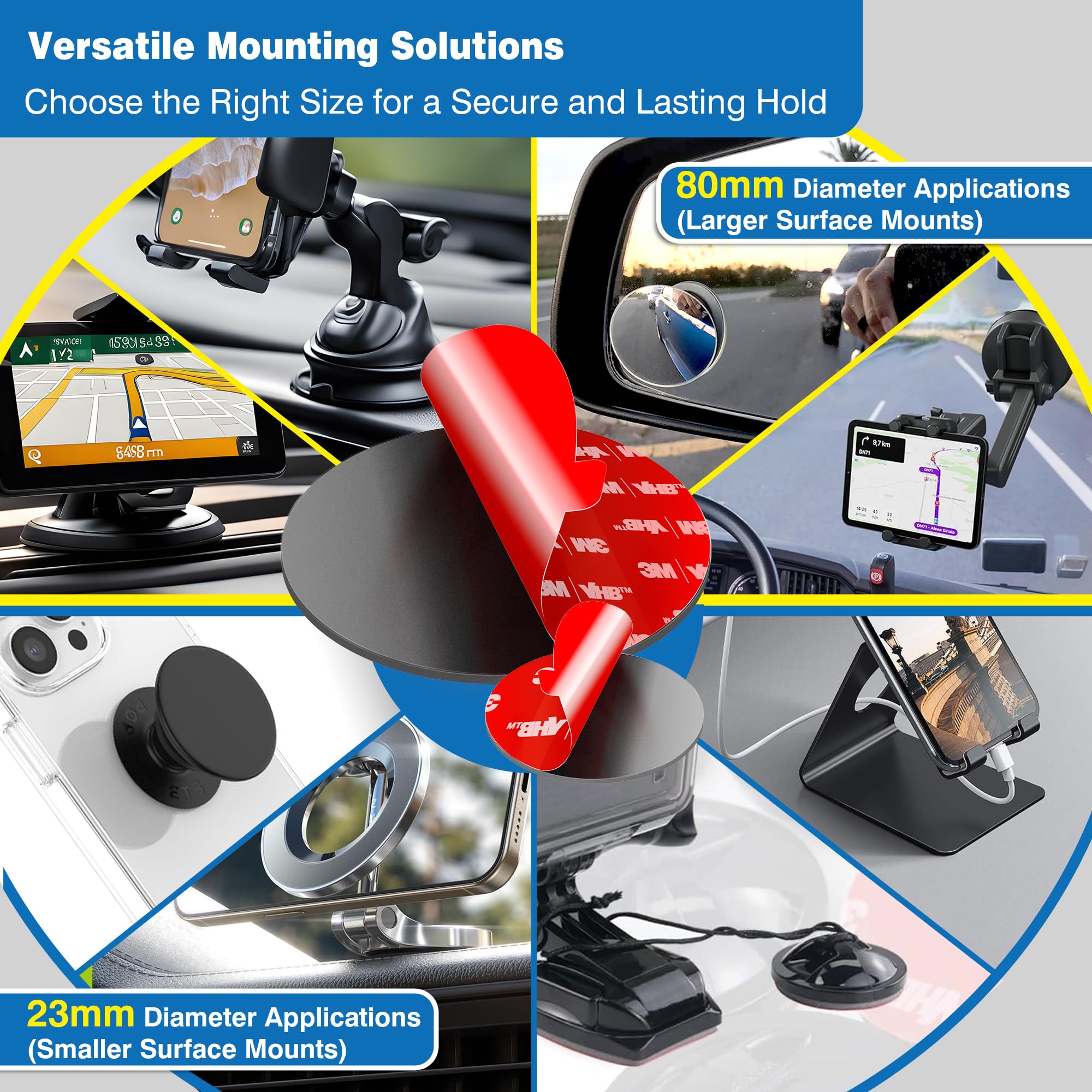 3M VHB Round Double-Sided Adhesive Pads - 4pcs Each of 3.15'' and 0.91'' Sticky Mounting Tape for Phone Holder, Car Magnetic Mou