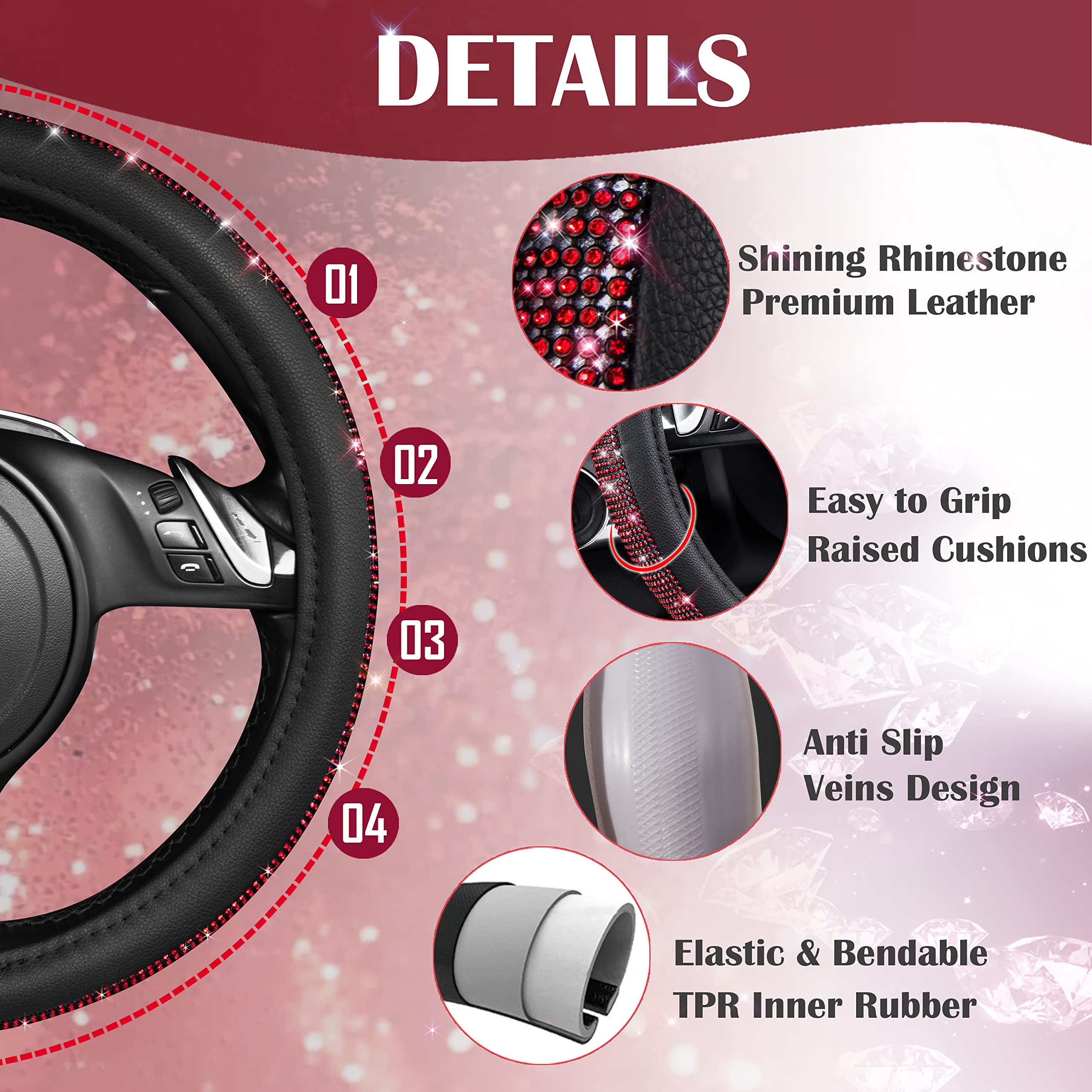 Car Pass Red Diamond Black Leather Steering Wheel Cover, With Bling Crystal Rhinestones Universal Fit 14'' 1/2-15'' Crystal Glit