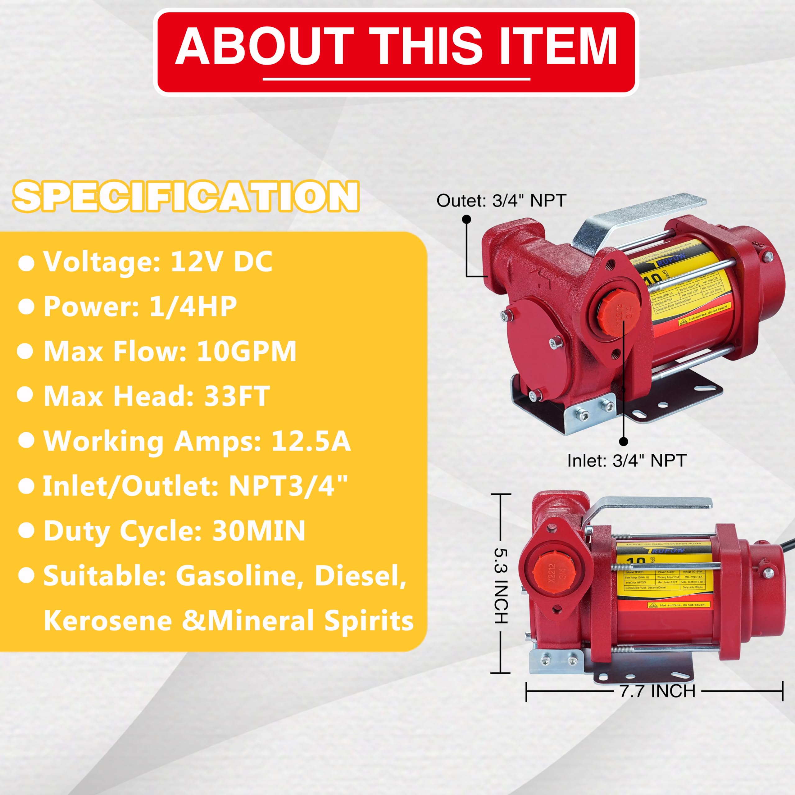 Trupow 12V Dc 10Gpm Self-Priming Gasoline Diesel Oil Fuel Transfer Pump Kit With Discharge Hose & Nozzle