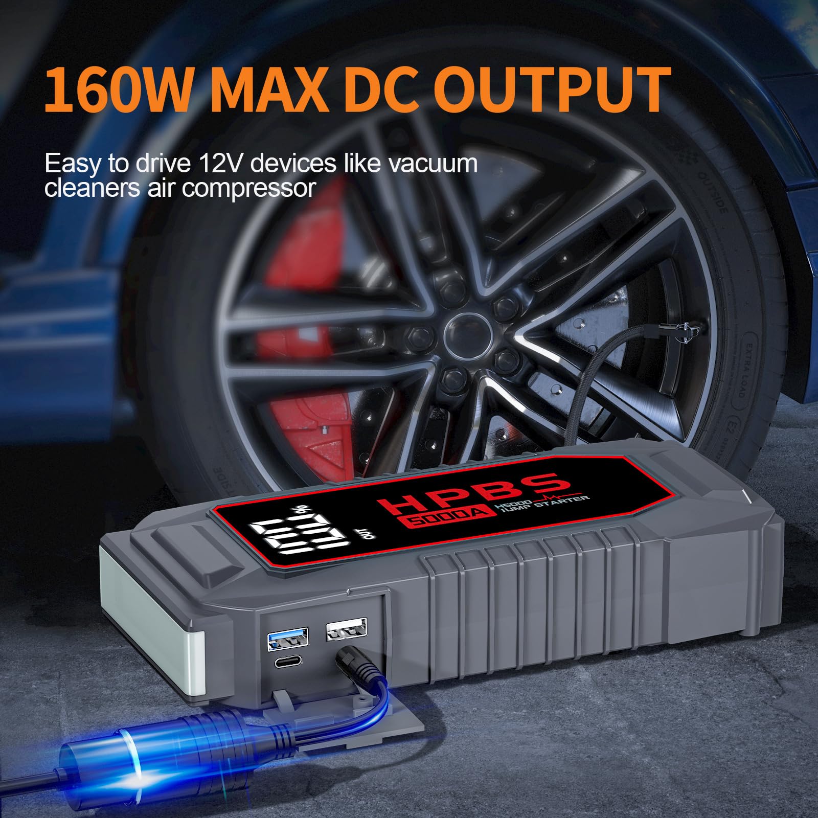 HPBS Car Jump Starter 5000A - Portable 12V Battery Pack for Gas & 10L Diesel Engines, LCD Display, Model H5000
