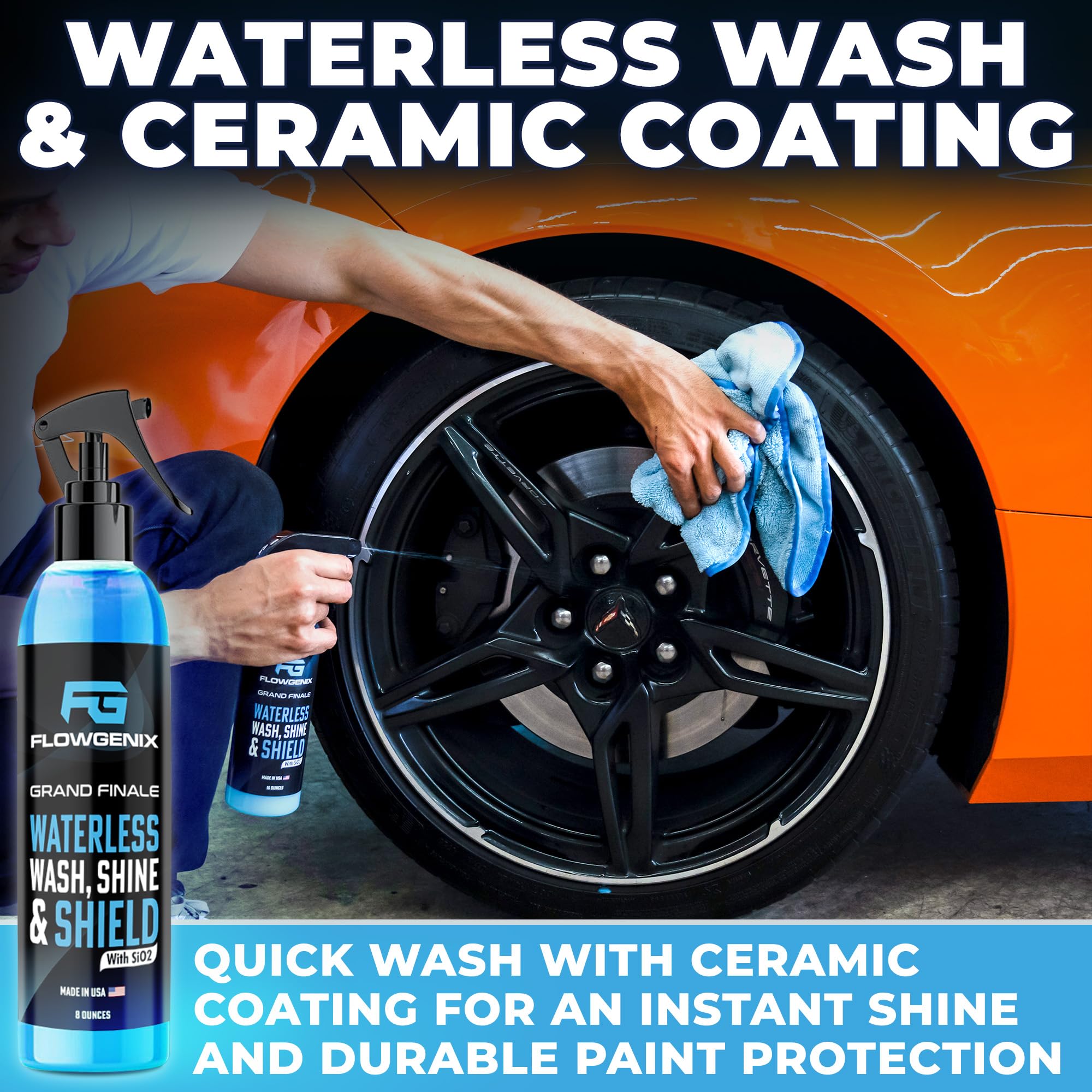Flowgenix™ Grand Slam 5-Pack - Includes Detailing Spray, Tire Gel, Scratch Repair, Wheel Metal Rust Cleaner, Interior Water-Repellent Vinyl & Leather Cleaner - Includes 2 Microfiber Towels