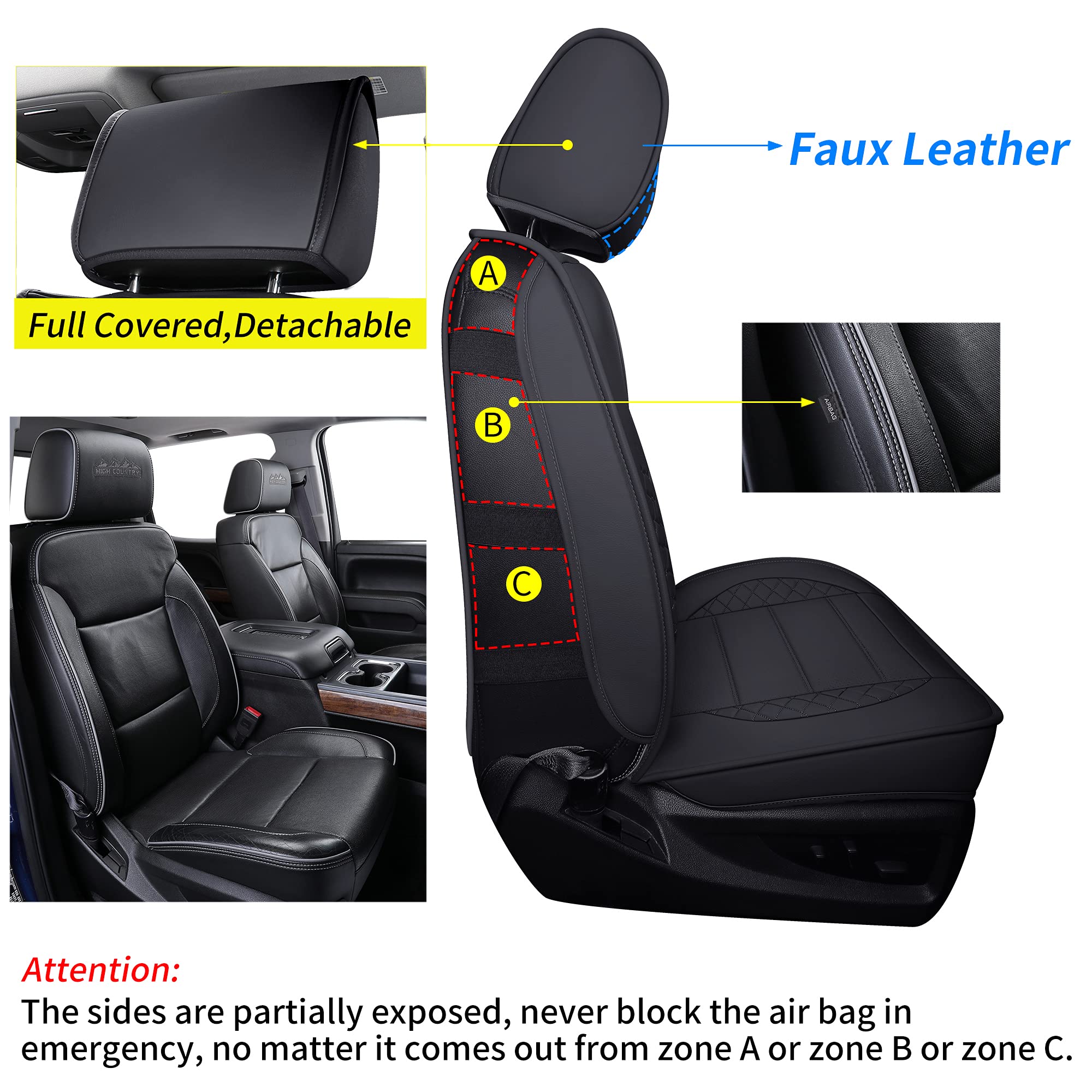 Luckyman Club D04-S2-3 Silverado Seat Covers, Fit For 2007-2013 Chevy Silverado Gmc Sierra 1500 2007-2014 2500/3500 Hd Crew Cab With Water Proof Faux Leather(Full Set, Black)