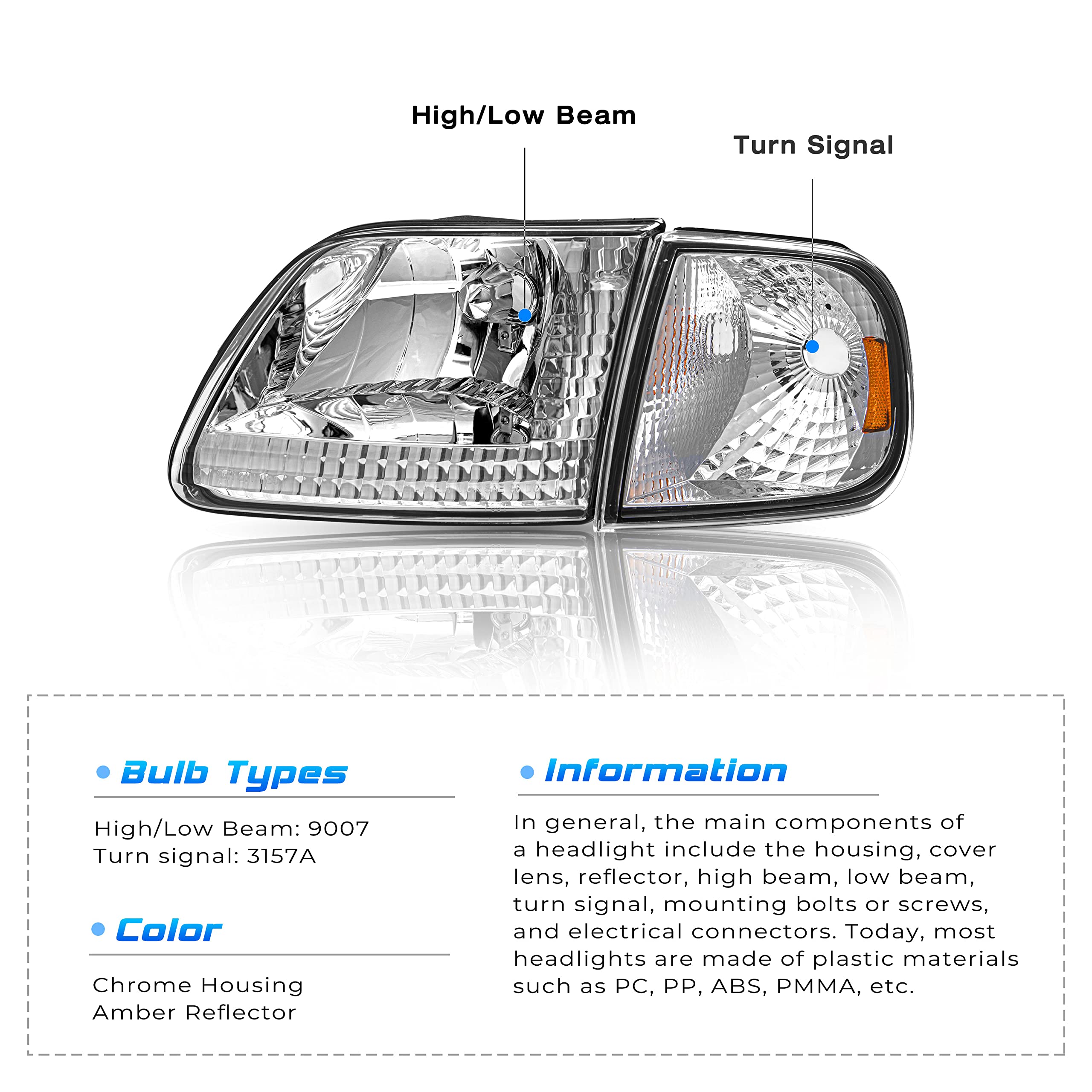 Sockir Headlight Assembly Compatible With Ford 1997-2003 F150 / 2004 F150 Heritage / 1997-2002 Expedition / 1997-1999 F250 Light Duty With Corner Lights 4Pcs (Chrome Housing With Amber Reflector)