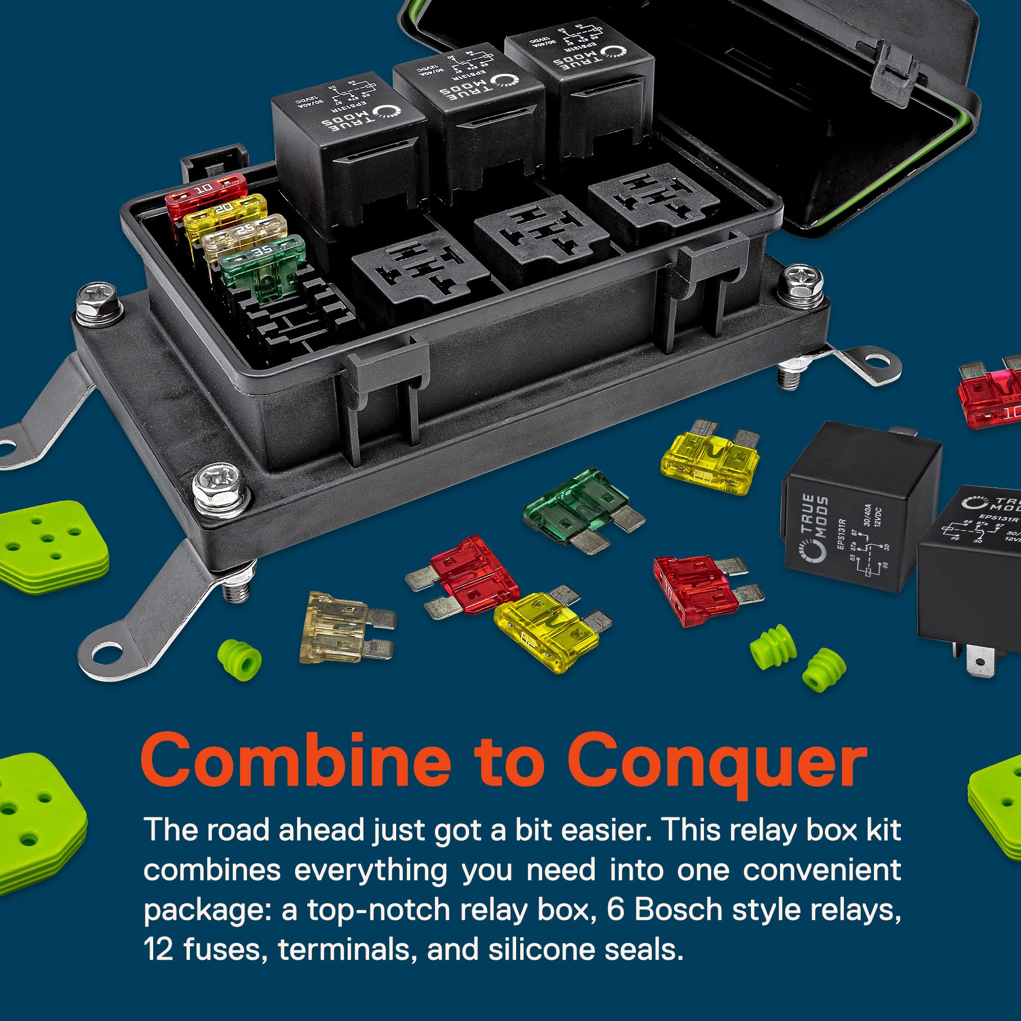 True Mods 12V Dc Auto Waterproof Fuse 5-Pin Relay Box Block Kit [6 Bosch Style Relay Holder] [6 Atc/Ato Fusible Holder] [Relays & Fuses Included] Universal Relay For Vehicles Cars Marine Boat Jeep