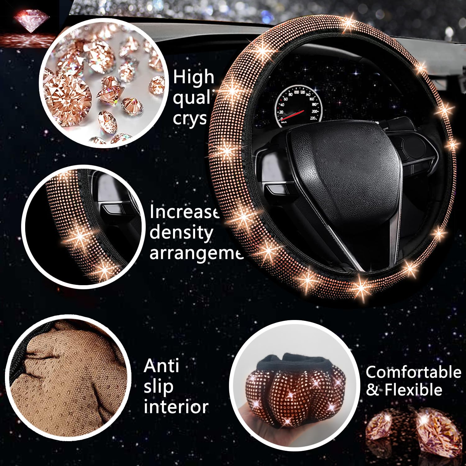 Nbtepem 27 Pcs Gold Champagne Bling Car Accessories Set For Women, Bling Steering Wheel Covers Universal Fit 15 Inch, Bling Lice