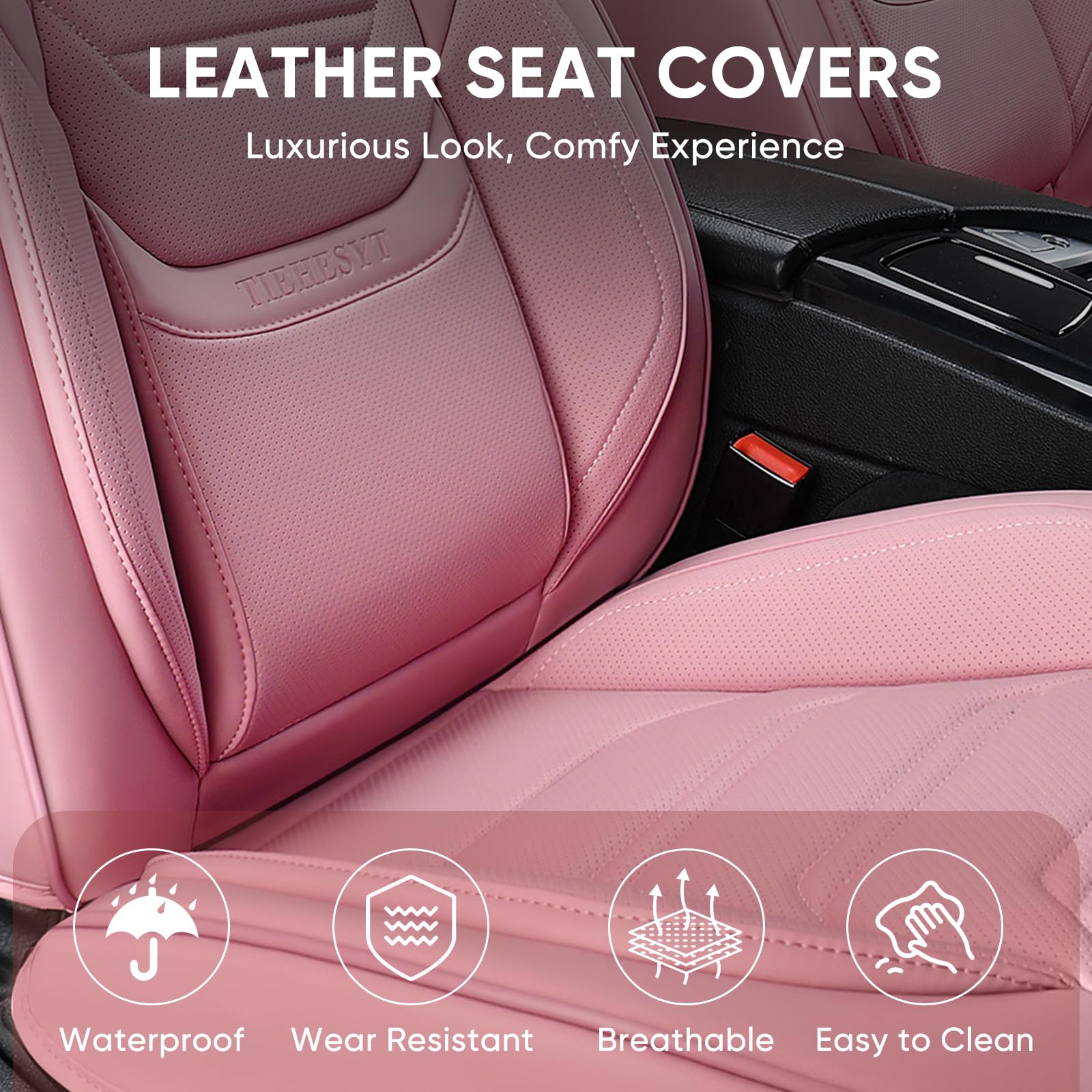 Tiehesyt Pink Car Seat Covers Front Pair, Breathable Leather Automotive Front Seat Covers & Headrest, Auto Seat Cover, Compatibl