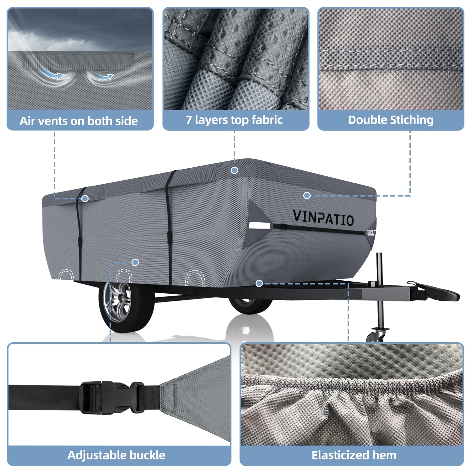 Vinpatio Pop Up Camper Cover - Grey, Folding Camper Tent Trailer Cover For 8'-10' Trailers, Waterproof & Anti-Uv With Windproof