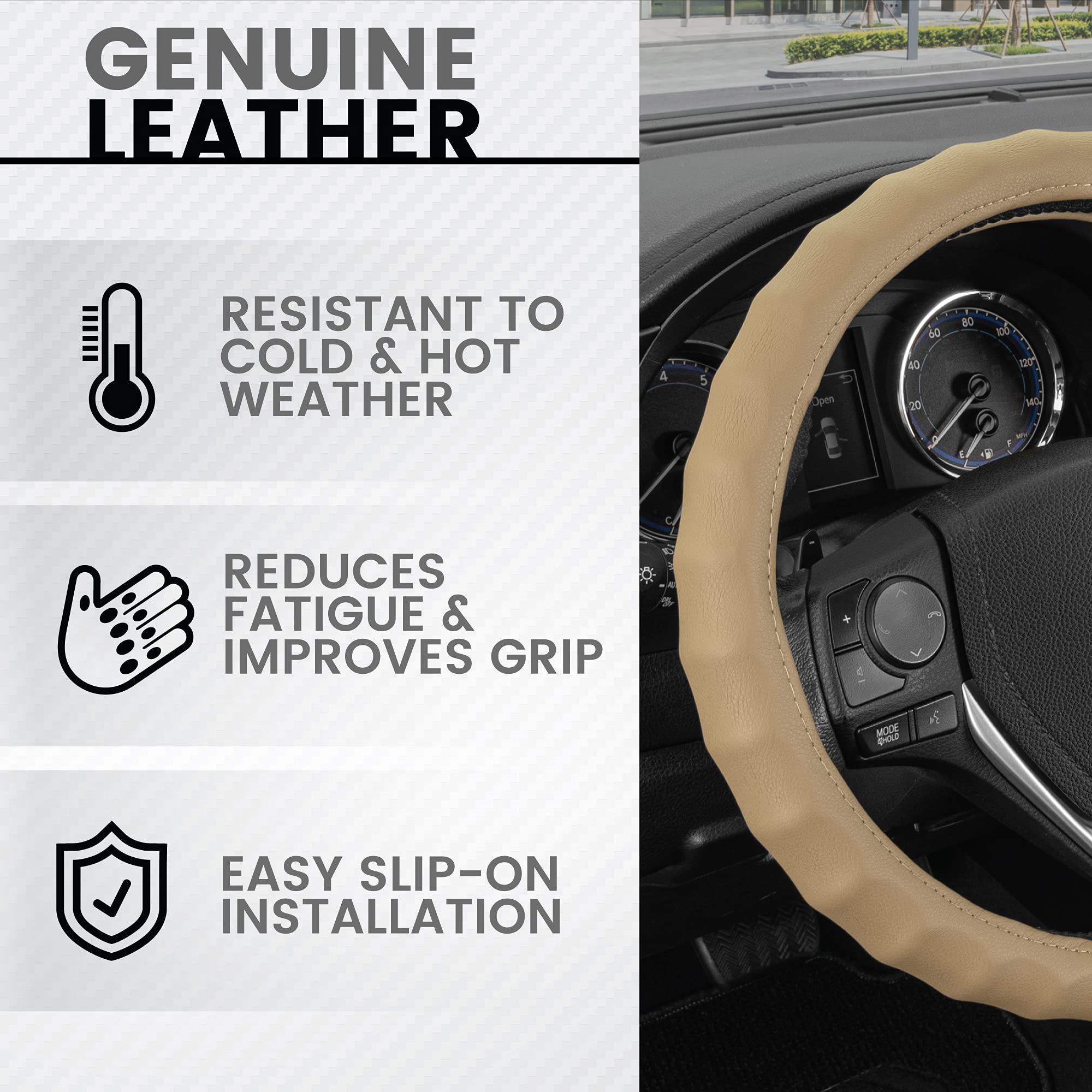 BDK Genuine Beige Leather Steering Wheel Cover for Car, Small 13.5-14 inch - Ergonomic Comfort Grip for Men & Women, Car Steerin