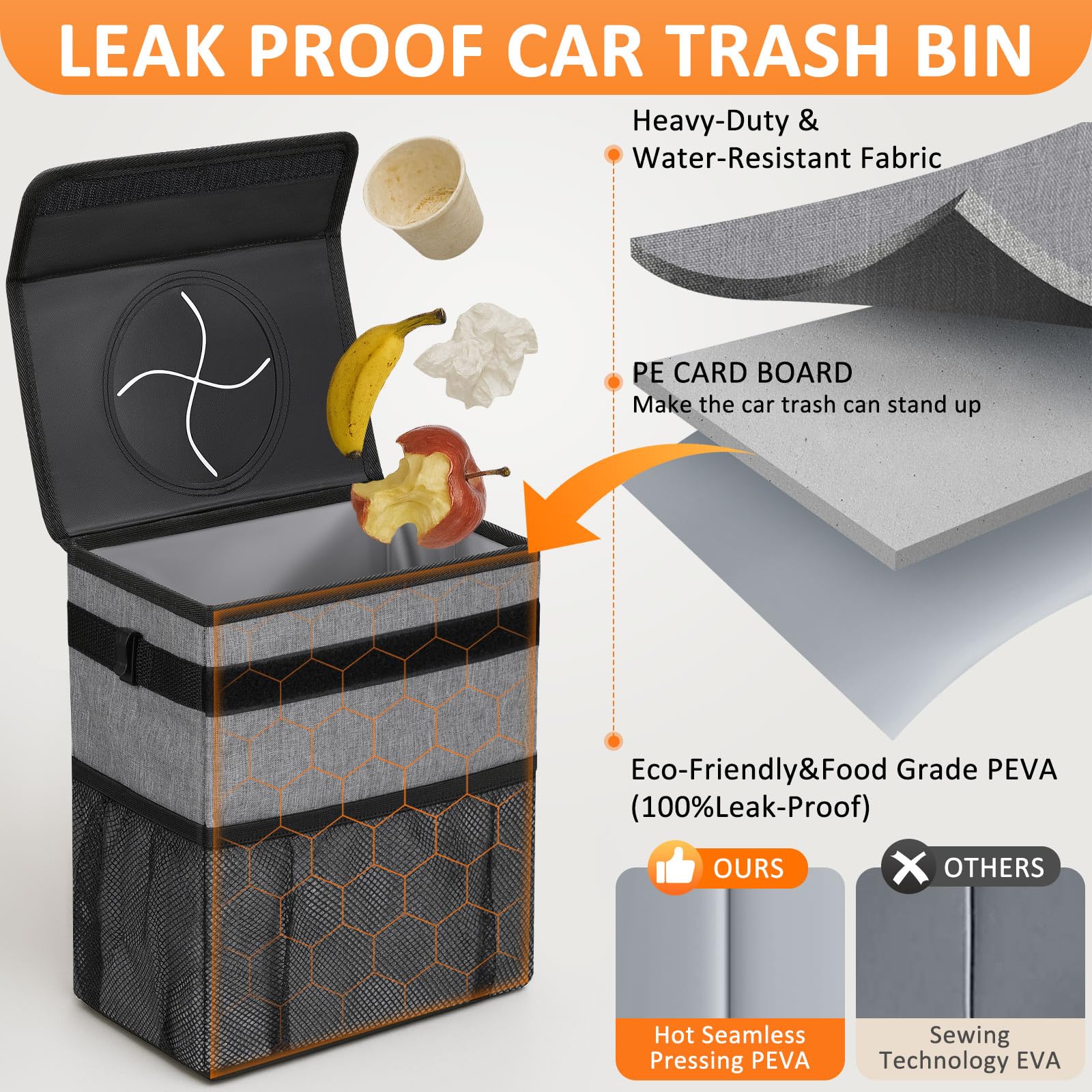 Vankor Car Trash Can For Car Cute, Bag Bin Hanging Waterproof Automotive Garbage Cans Leak Proof Vehicle Trash Can Grey