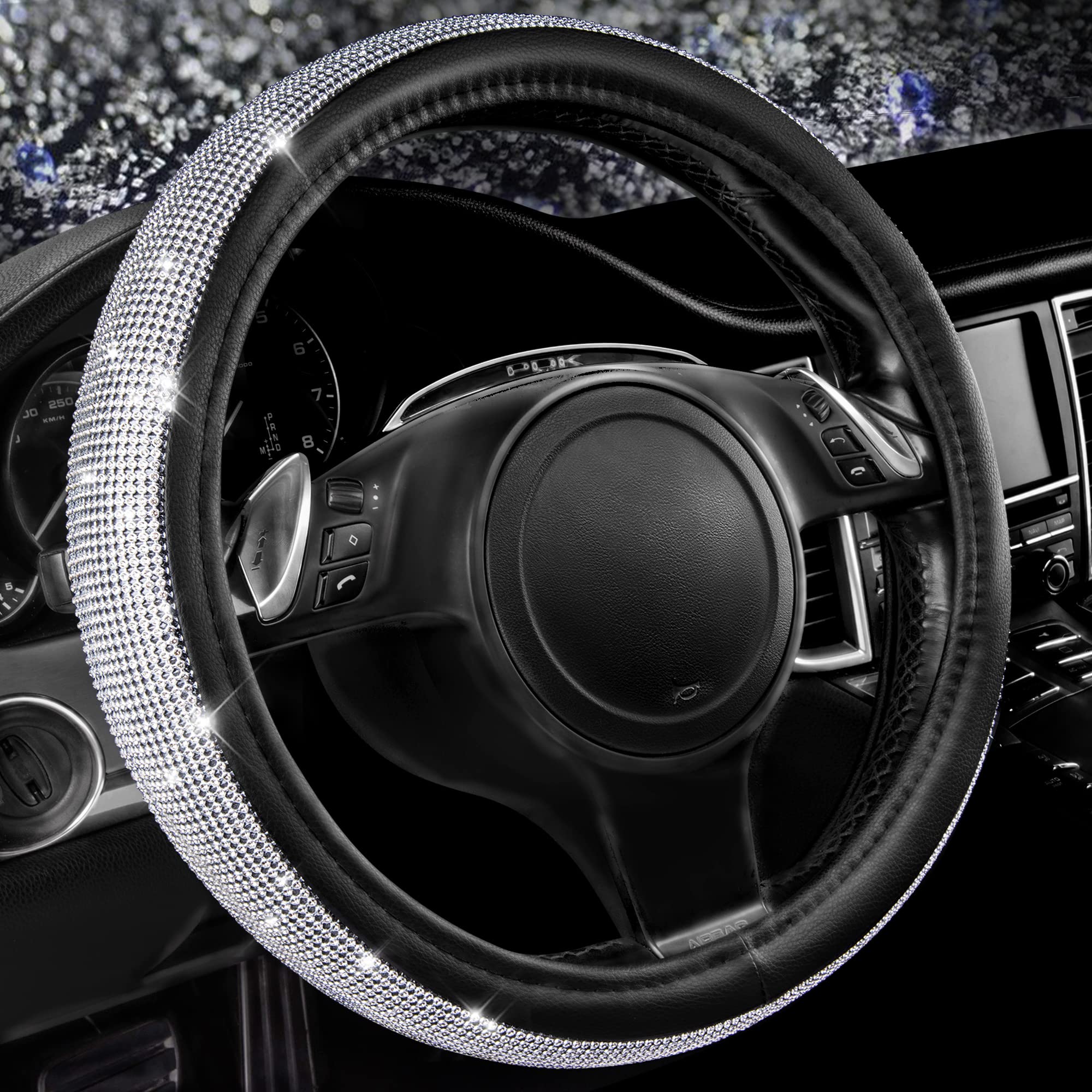 Car Pass Bling Diamond Leather Steering Wheel Cover, With Bling Sparkly Crystal Glitter Rhinestones Universal Fit 14.5In-15In Ca