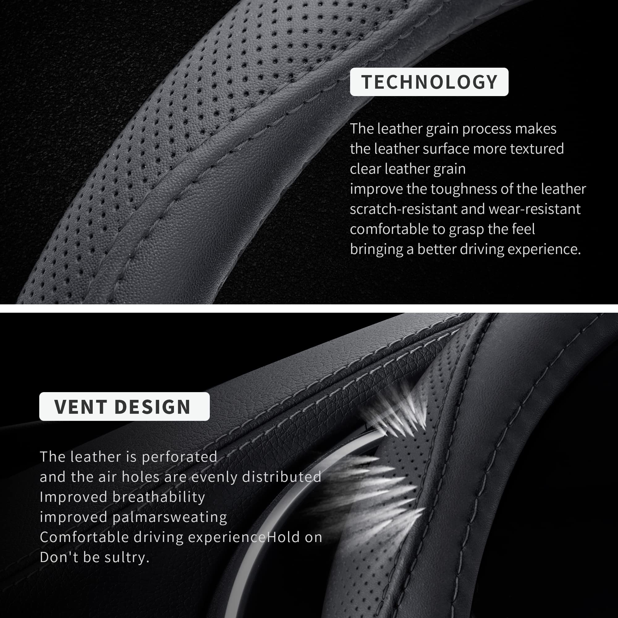 Microfiber Leather 15' Universal Fit Car Steering Wheel Cover, Elastic Nonslip Breathable And Odorless, Black & Silver