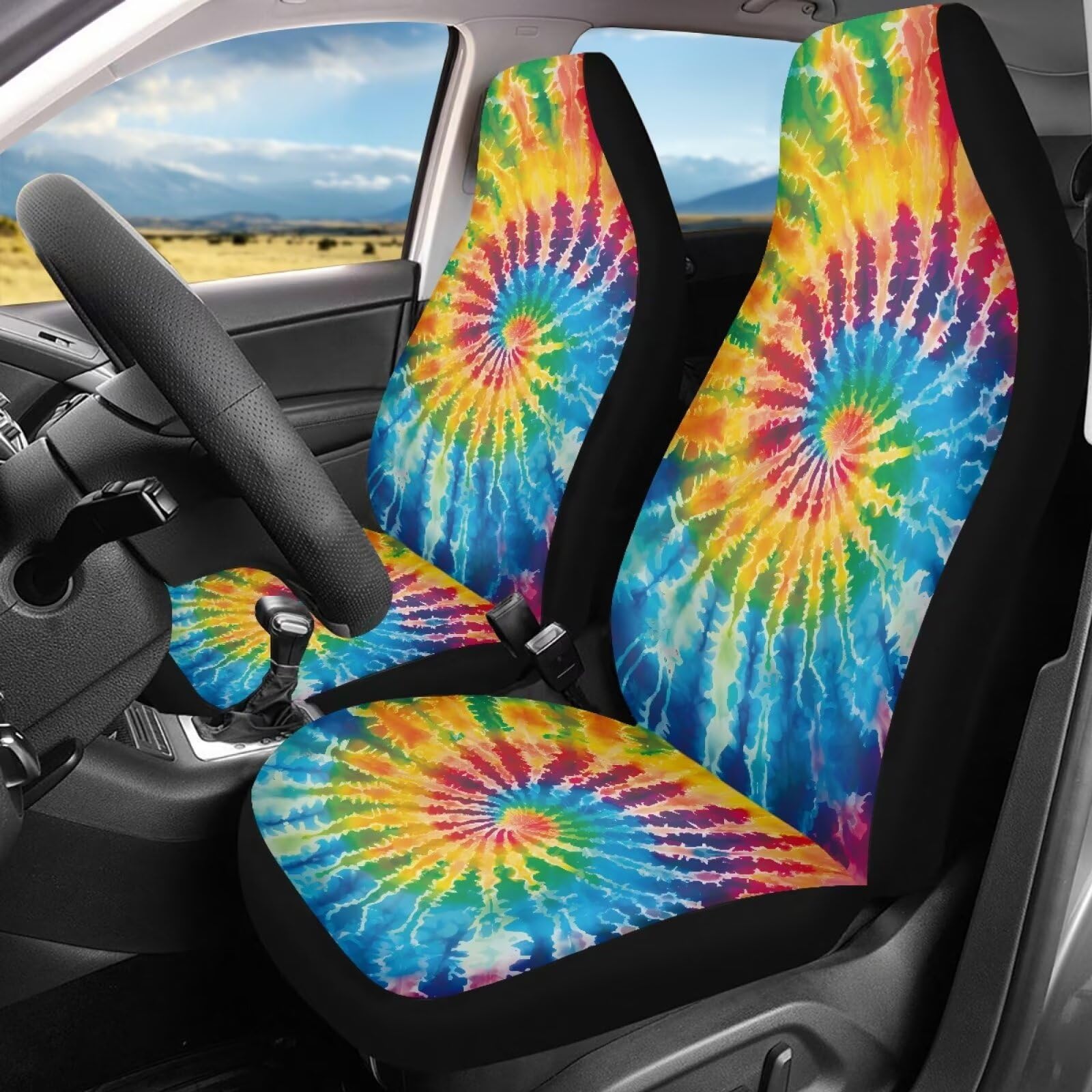 Bigcarjob Tie Dye Theme Car Interior Accessories Sets Hippie Tie Dye Car Seat Cover Set For Front Seat Only 2 Pieces Auto Seat A