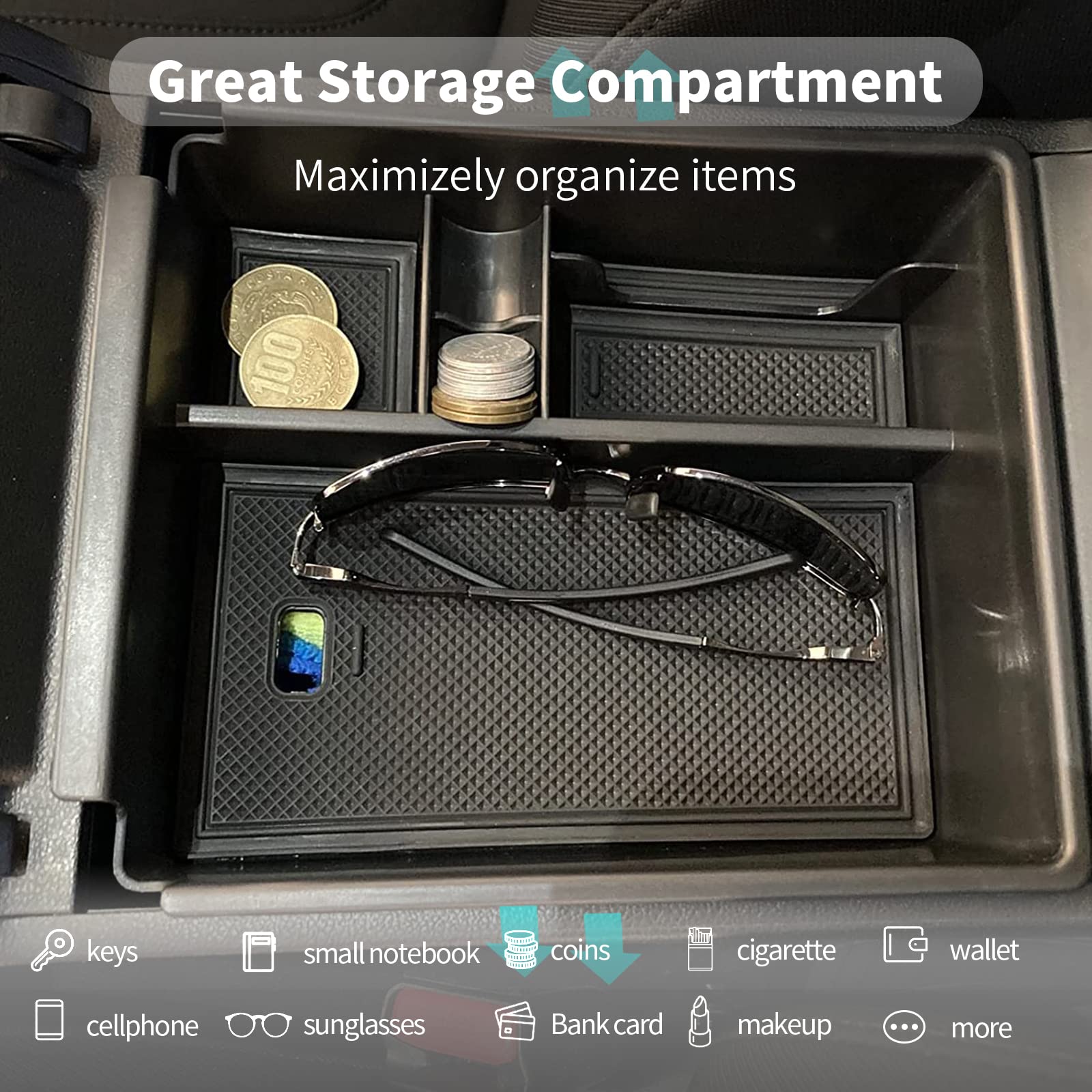 Cdefg Center Console Organizer Tray For 2022 2023 2024 Santa Cruz 2024 Tucson Limited Hybrid Sel Armrest Storage Box Tray 2022 2023 2024 Santa Cruz 2024 Tucson Limited Hybrid Sel Accessory (Black Mat)