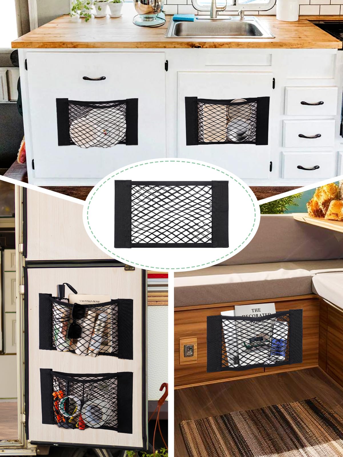 Bigmeta 4PCS RV Cargo Storage Mesh Net, Elastic Stretchable Netting Pocket with 8 Adhesive Strip Wall Sticker for SUV, Truck(17.