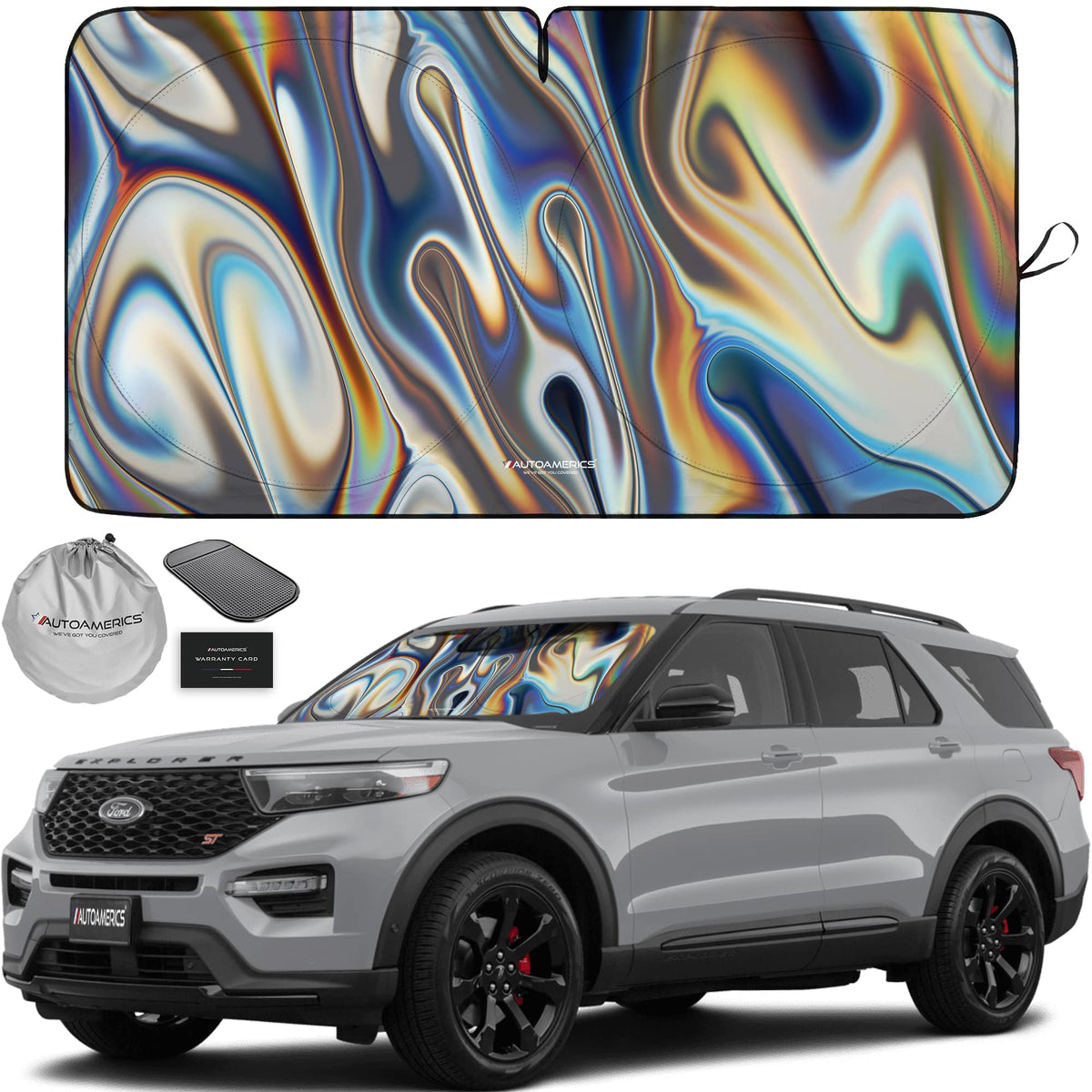 Autoamerics 1-Piece Windshield Sun Shade - Chrome Liquid Foldable Car Front Window Sunshade For Cars Suv Truck - Heat Blocker Vi