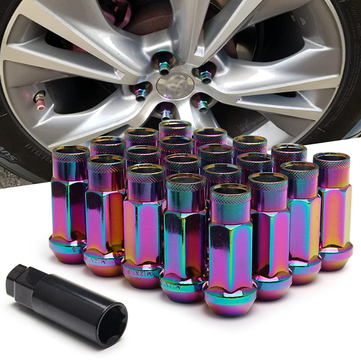 Wenjtp 20Pcs Neochrome Cold Forged Steel 12Mm*1.5 Lug Nuts Extended Tuner Wheel Nuts Modified Nuts Open End Compatible With Vari