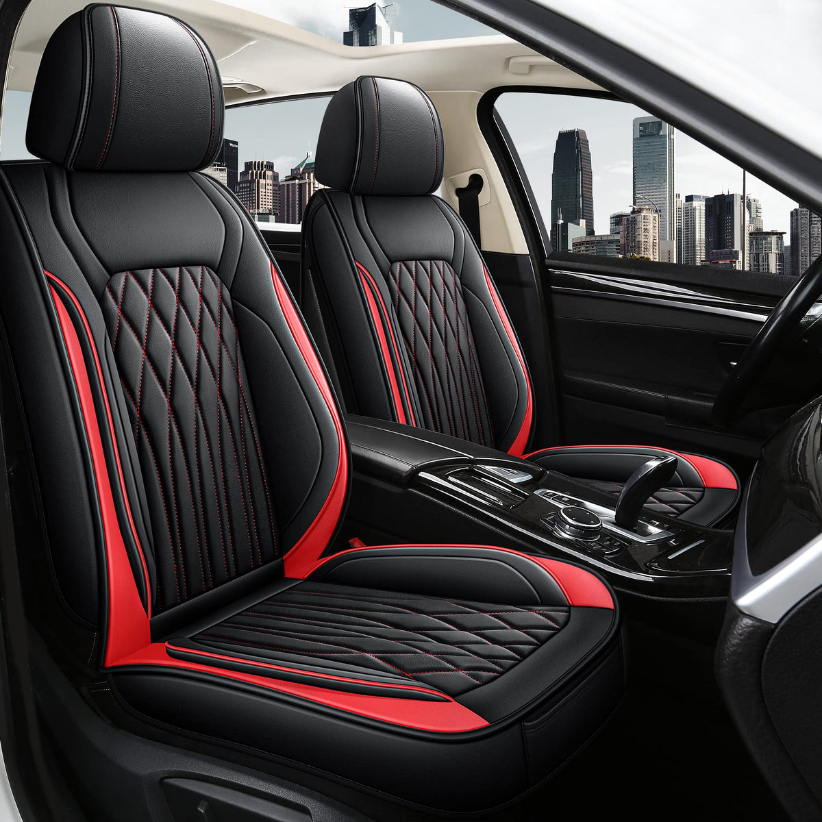 Pariitadin Leather Car Seat Covers Front Pair, Waterproof Faux Leather Seat Covers For Cars, Non-Slip Car Interior Covers Universal Fit For Most Cars Sedans Trucks Suvs, Black/Red Line