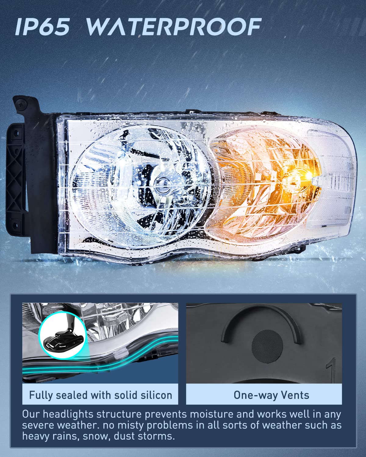 Nilight Headlight Assembly for 2002-2005 Ram 1500/2500/3500, Chrome Housing, Clear Lens, Driver & Passenger Side, 2 Pack