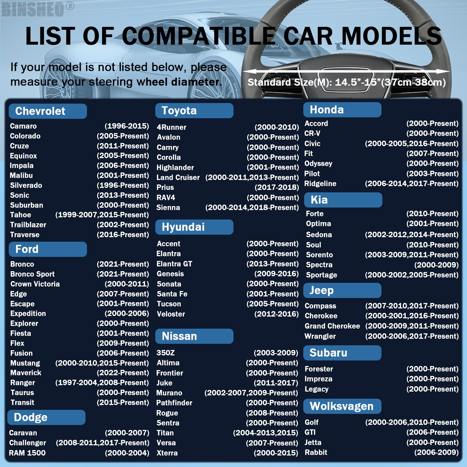 Binsheo Cute Steering Wheel Cover For Women Men Leather Universal 15 Inch,Black And Blue