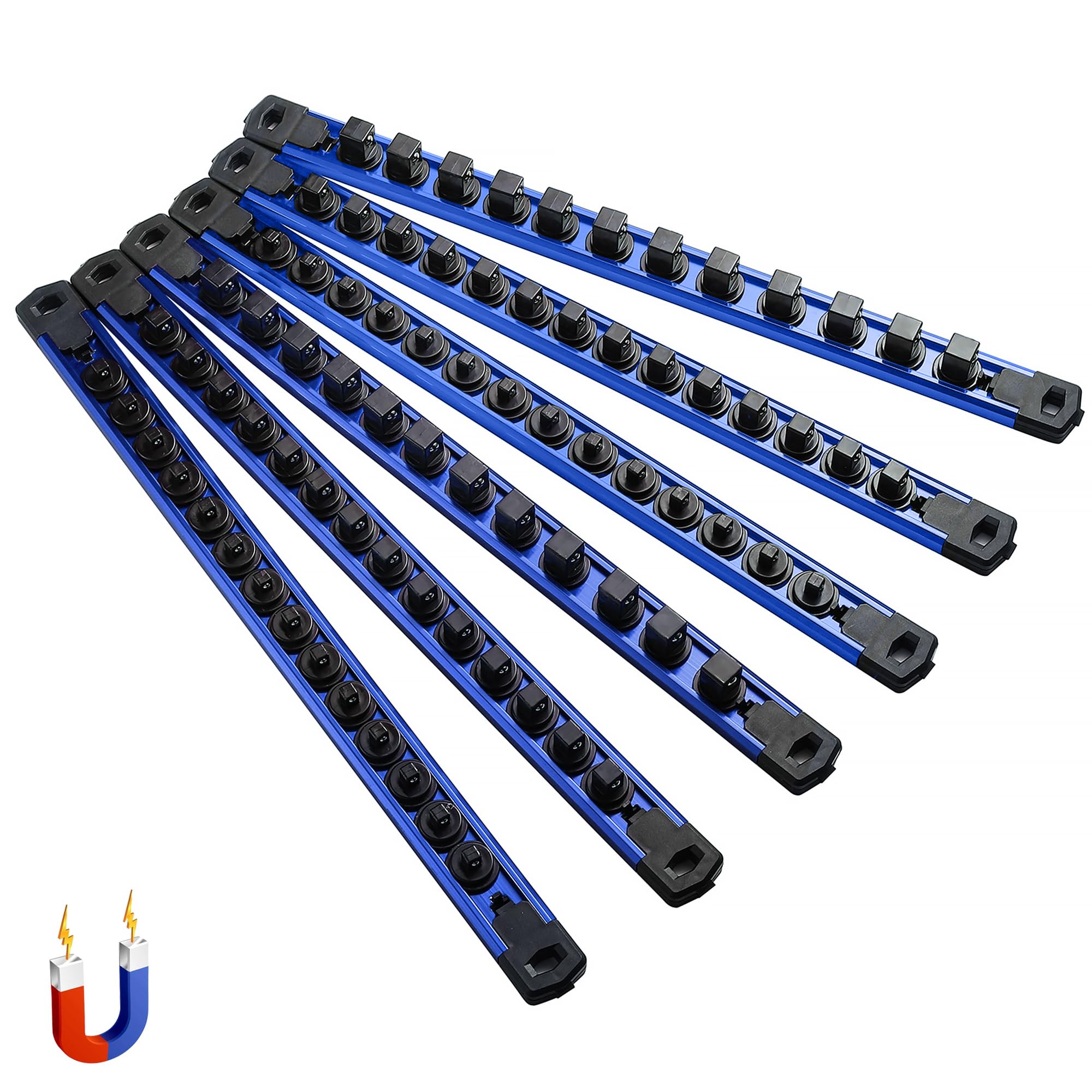 ALOANES 6-Piece Magnetic Rail Organizer, Heavy Duty Aluminum Rails, 360 Swivel Clips Socket Holder Kit for Tool Box, 1/2, 3/8, 1