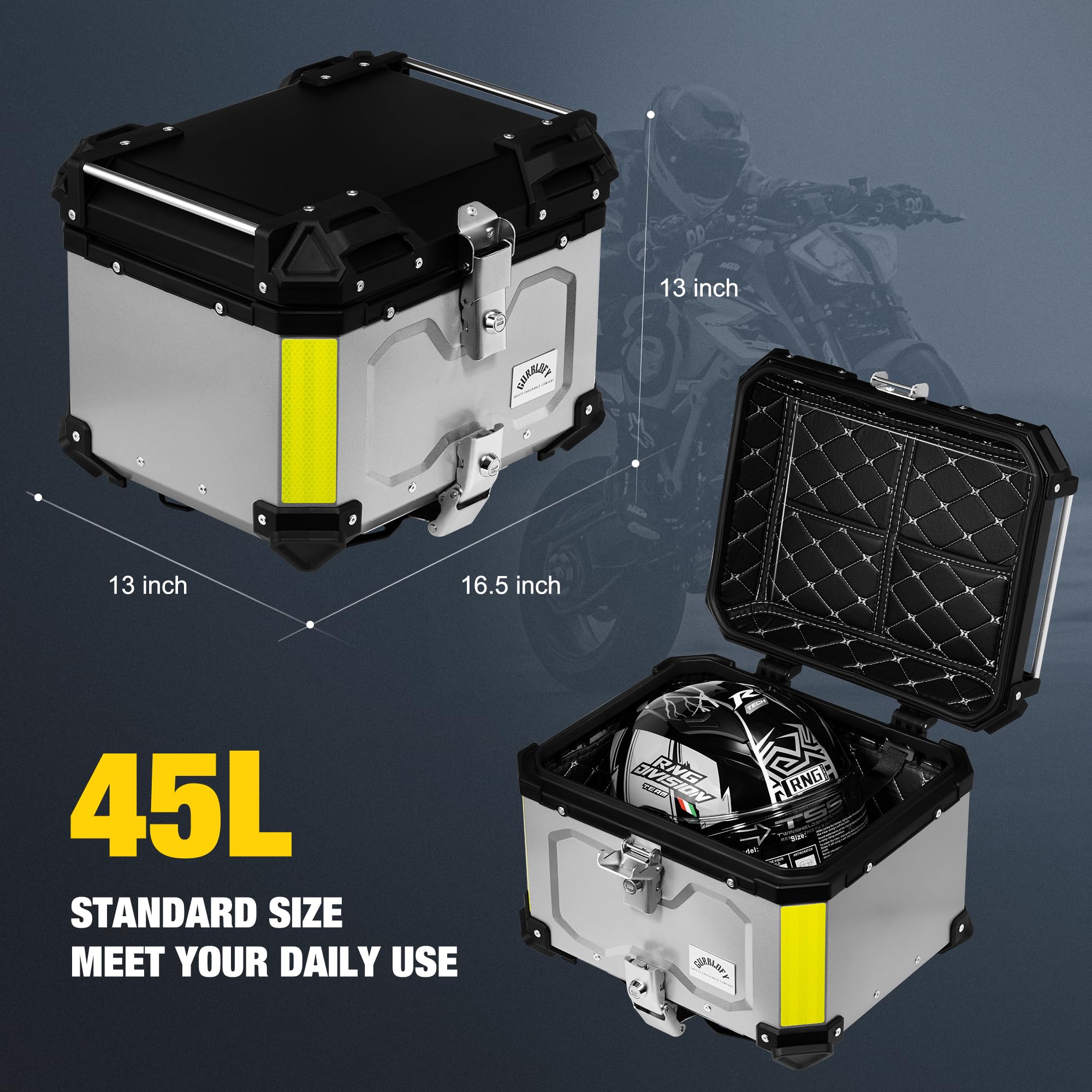 Gurblofy Motorcycle Top Case, 45L Motorcycle Tail Box Bag, Aluminum Motorcycle Trunk with Anti-Theft Lock System, Easy Installat