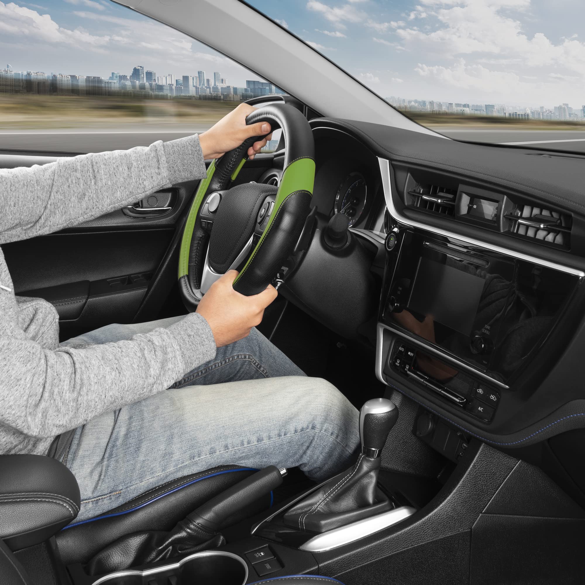 Motor Trend Sportdrive Faux Leather Steering Wheel Cover, Standard 15 Inch Size, Two-Tone Black & Green, Car Steering Wheel Cove