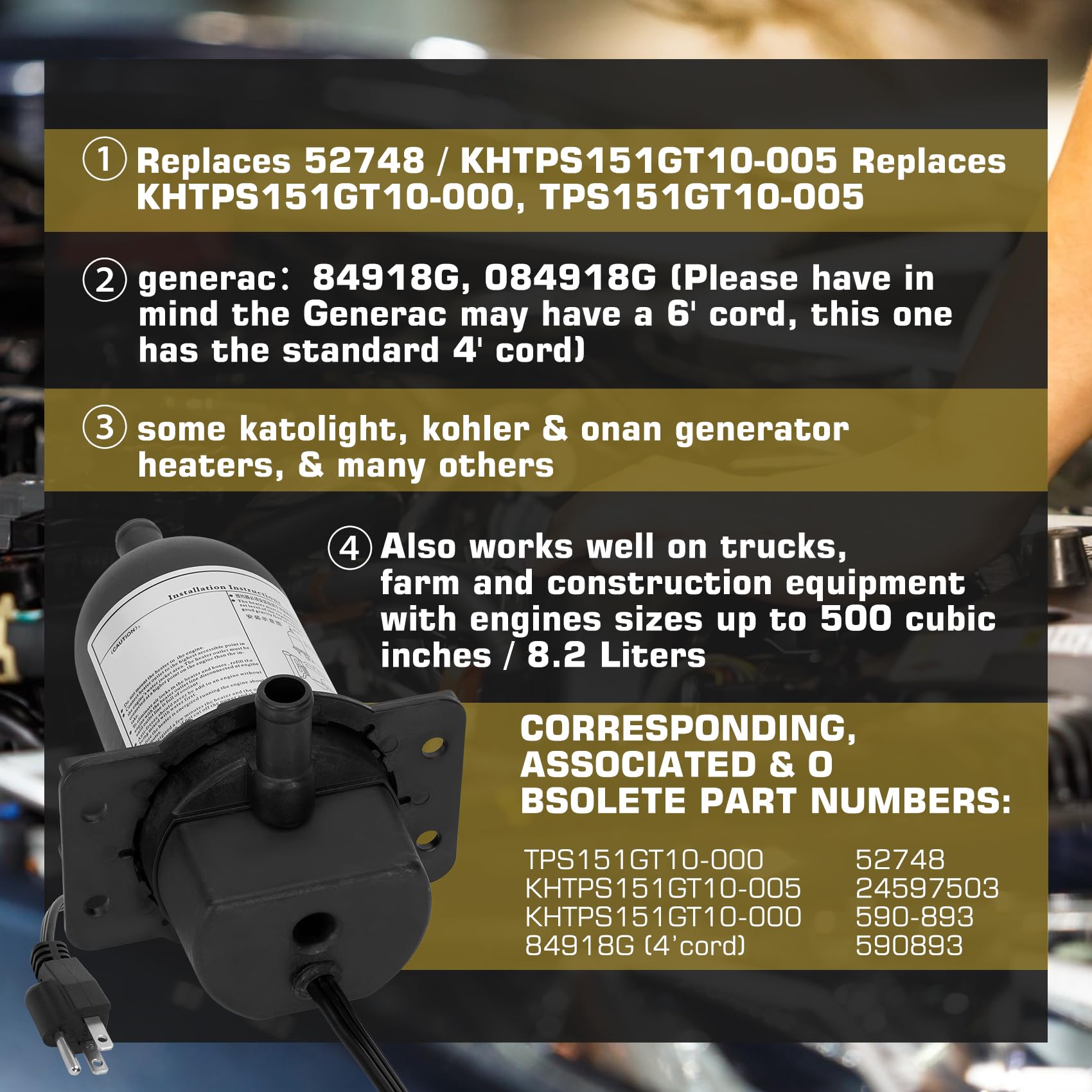 Drkerr TPS151GT10-000 Engine Block Heater compatible with Diesel & Gas engines Generator Tractor Truck Boat, Replace TPS151GT8-0