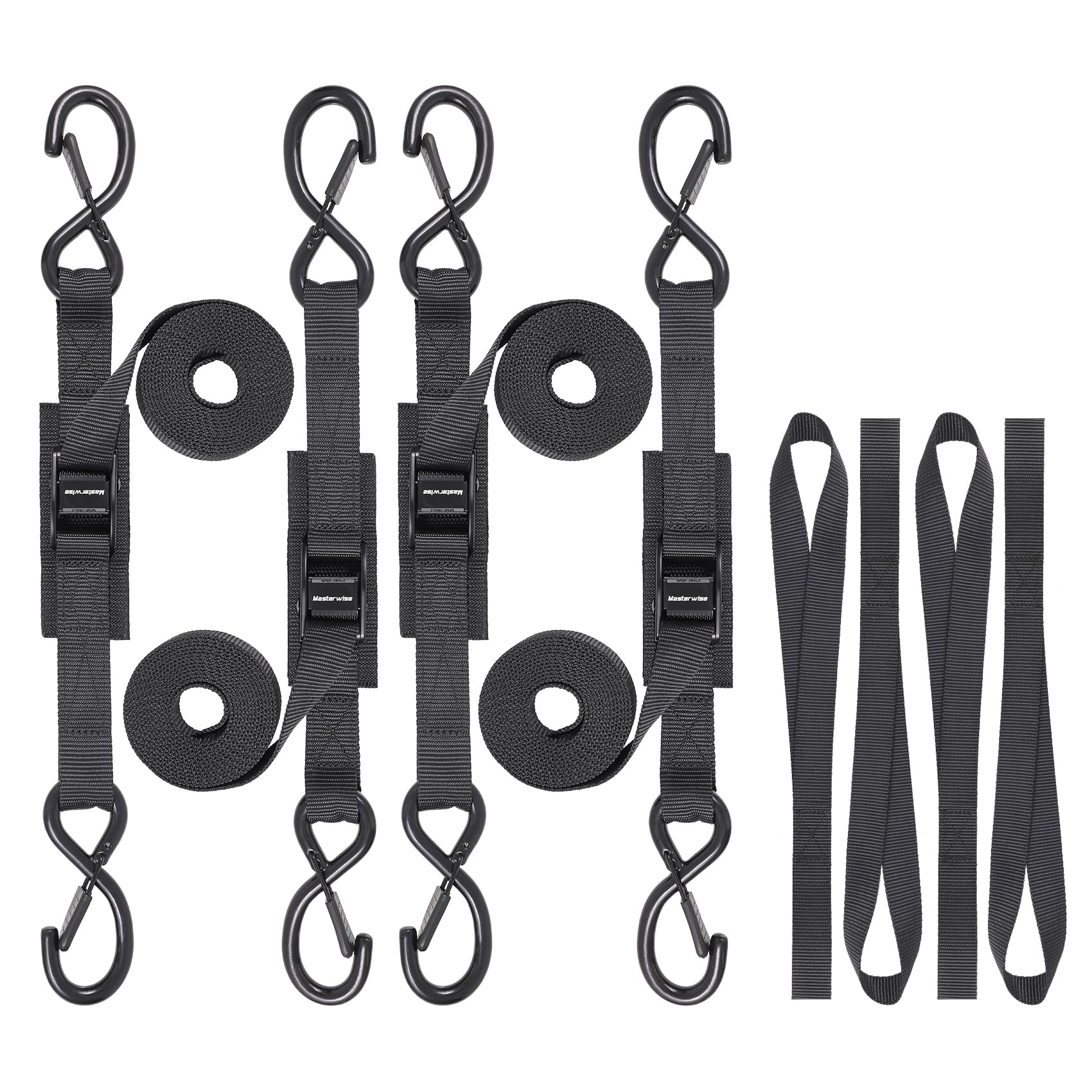 Masterwise Tie Down Straps with Hooks, 12 feet 2200lbs Break Strength Cam Buckle Tiedown Set with Integrated Soft Loops for Moto