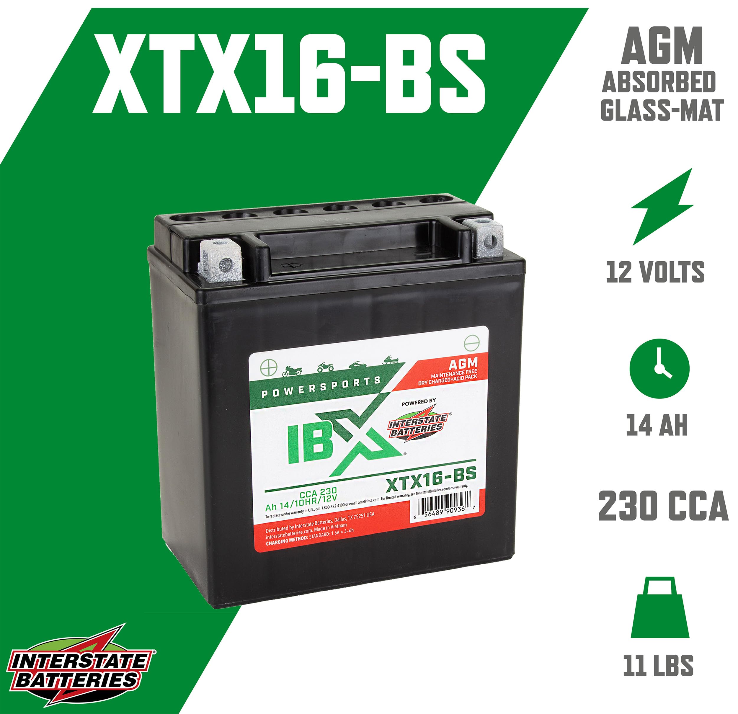 Interstate Batteries Ytx16-Bs 12V 14Ah Powersports Battery 230Cca Agm Rechargeable Replacement For Atvs, Motorcycles, Scooters (