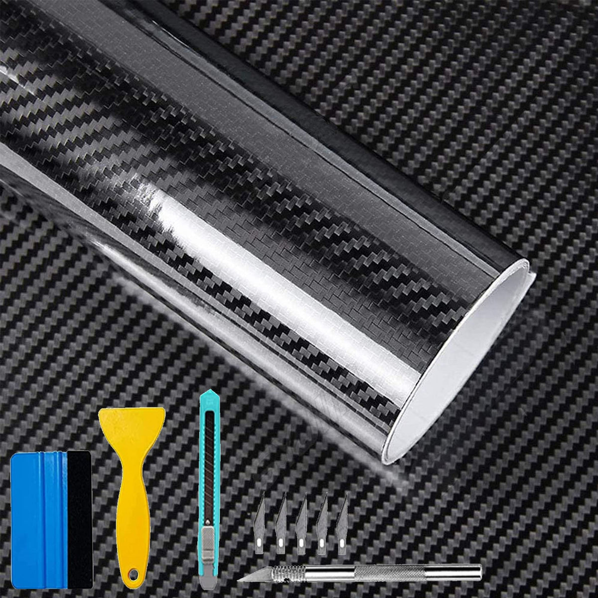 Lypumso 6D Black Carbon Fiber Vinyl Wrap Including Tool Kits, High Glossy Black Car Vinyl Film Roll, Air Release Technology Auto