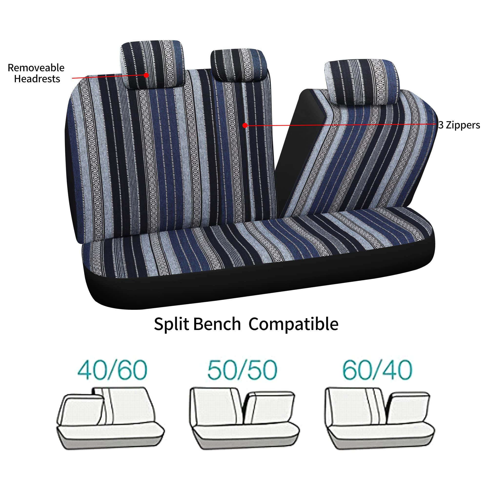 Haiyaotimes Baja Saddle Blanket Car Seat Covers Full Set With Seat Belt Pads, Washable Breathable Seat Covers For Cars, Universal Fit Interior Covers For Most Sedan Truck Suv, Airbag Compatible, Blue