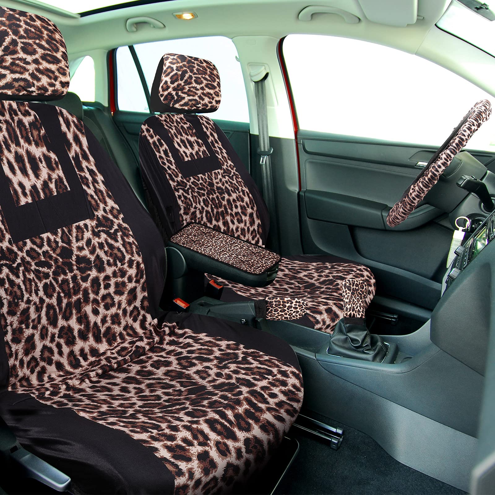 Frienda 24 Pcs Leopard Car Accessories Leopard Car Seat Cover Full Set Cheetah Steering Wheel Metal License Plate Headrest Seat