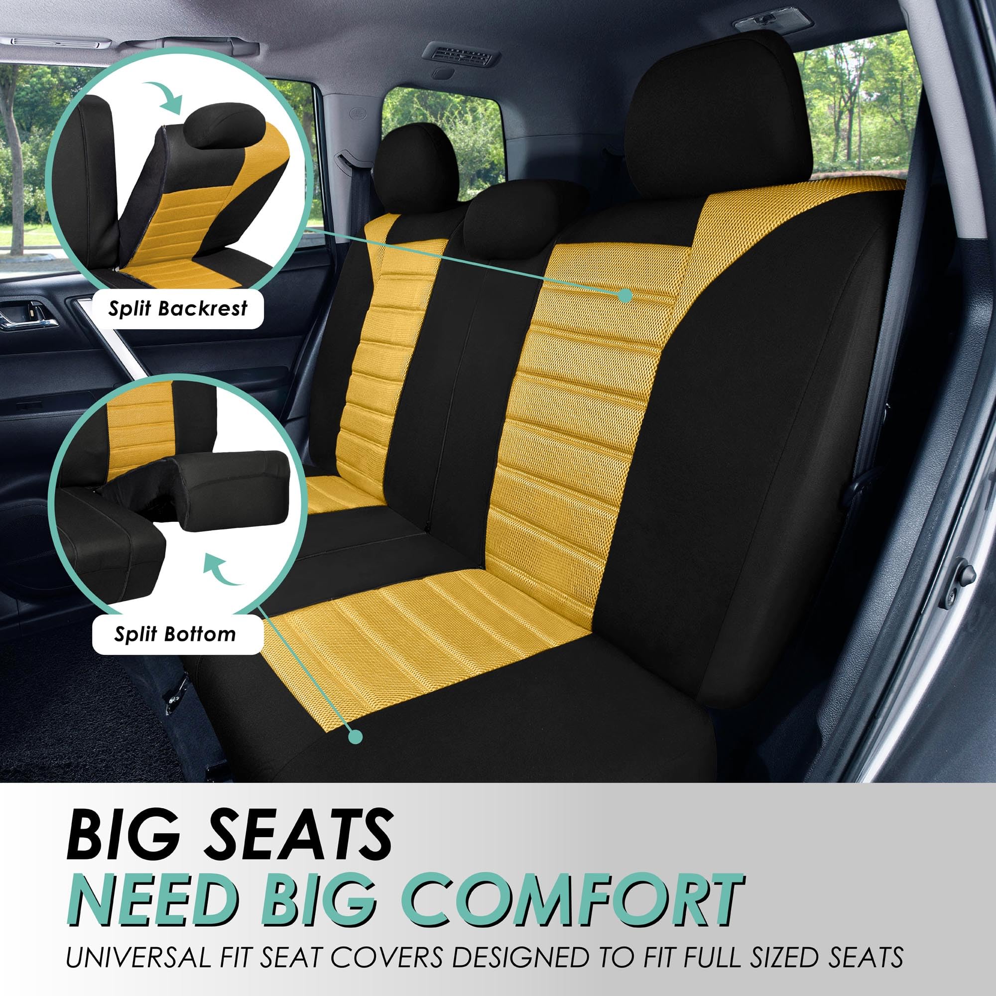Fh Group Automotive Car Seat Covers Full Set Premium 3D Air Mesh Yellow And Black, Airbag Compatible And Split Bench Cover Unive