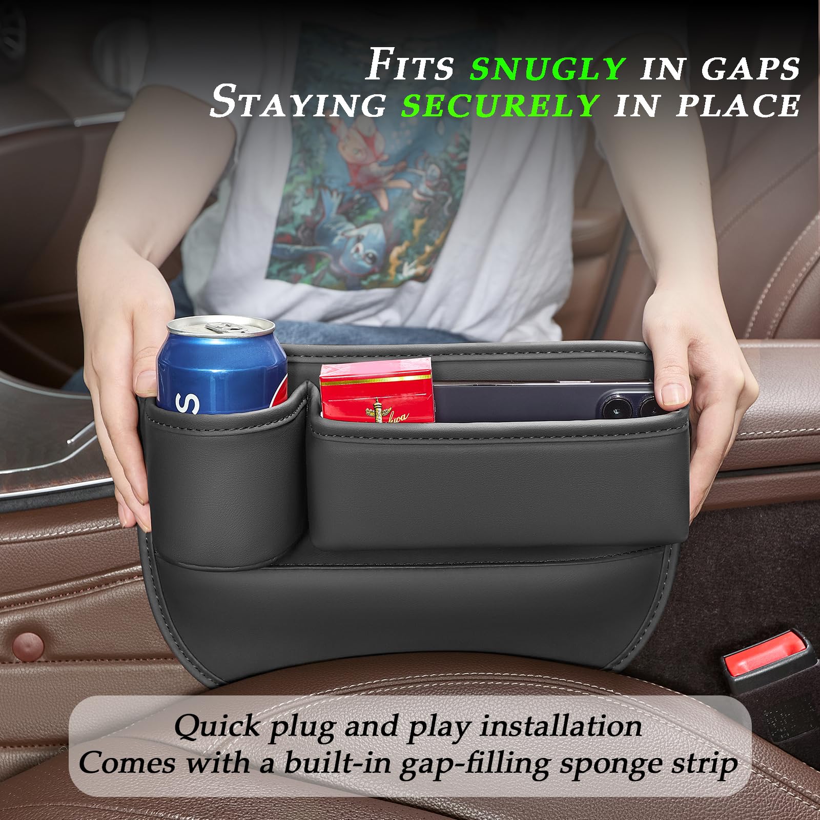 Leqbo Car Seat Gap Filler With Cup Holder,Leather Car Seat Gap Organizer,Front Car Seat Storage Box For Phones,Keys, Wallet, Sun