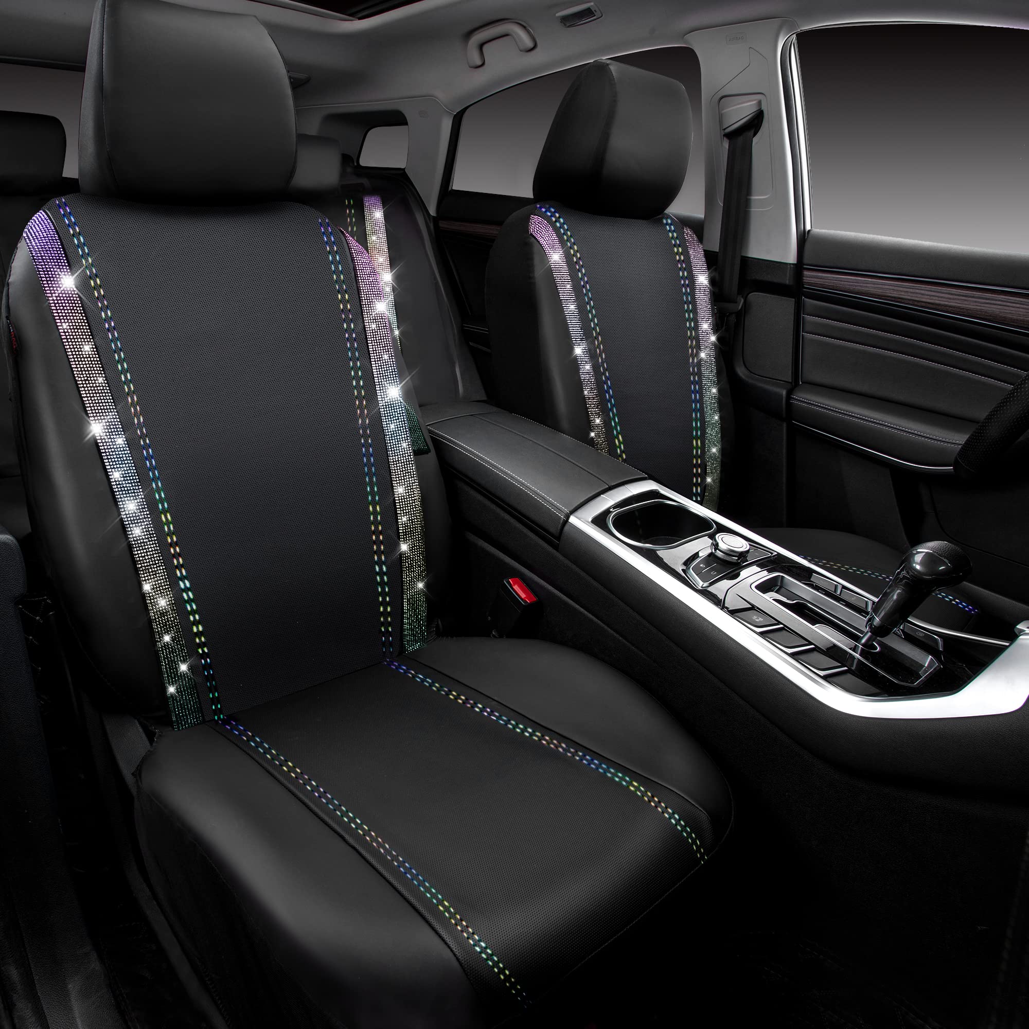 Car Pass Bling Car Seat Covers Full Set, Shining Rhinestone Diamond Waterproof Faux Leather, Rear With Zipper, Universal Fit Aut