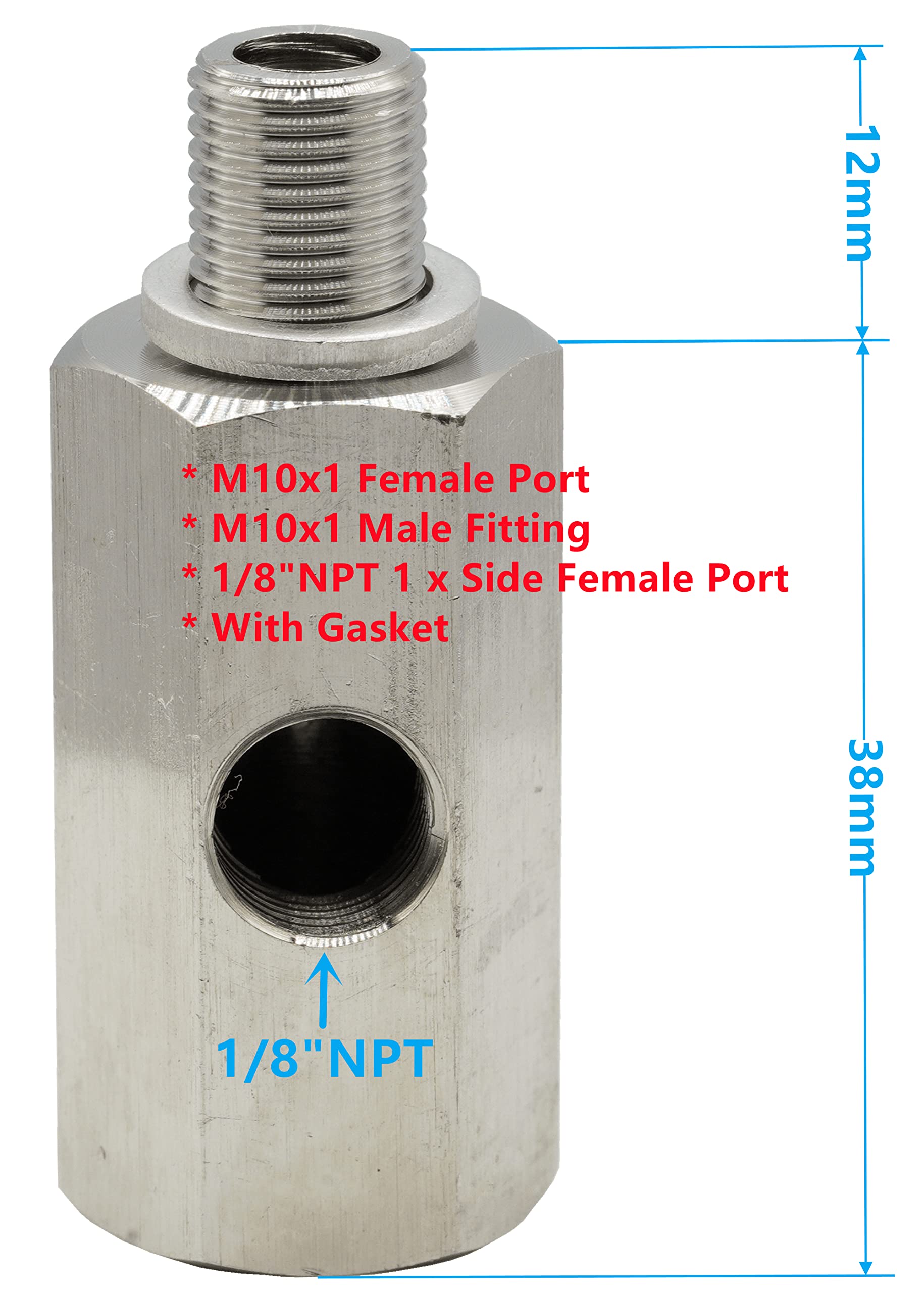 Dsnaduo M10 Oil Pressure Sensor Tee Adapter Turbo Supply Feed Line Gauge M10x1.0 Female to M10 x 1.0 Male with 1/8 NPT Side Port