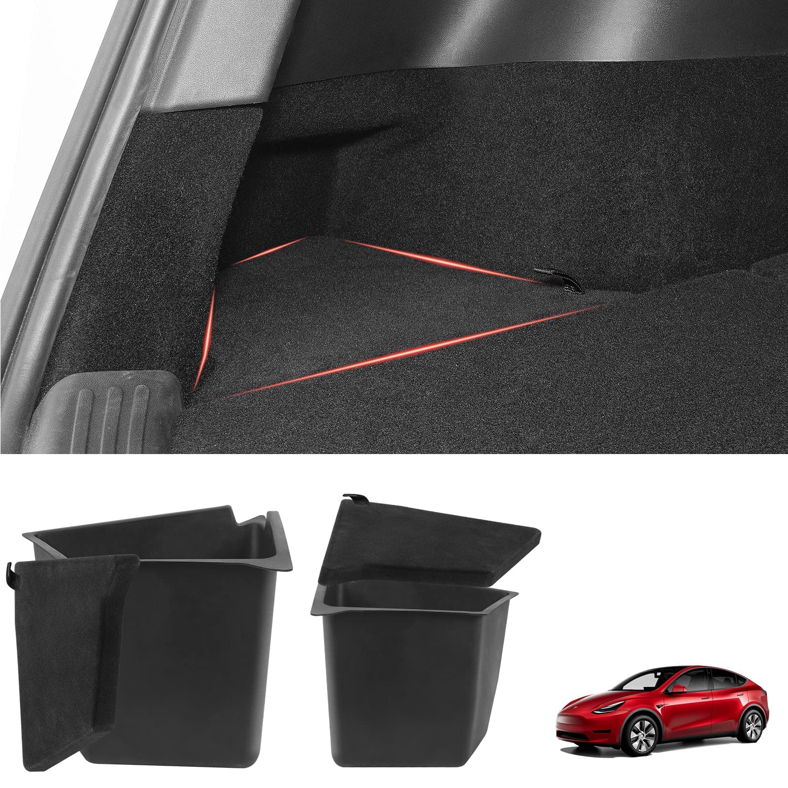 Basenor 2020 2021 Tesla Model Y Trunk Organizer, Waterproof Rear Trunk Storage Bins Side Box With Carpeted Lip Interior Accessor