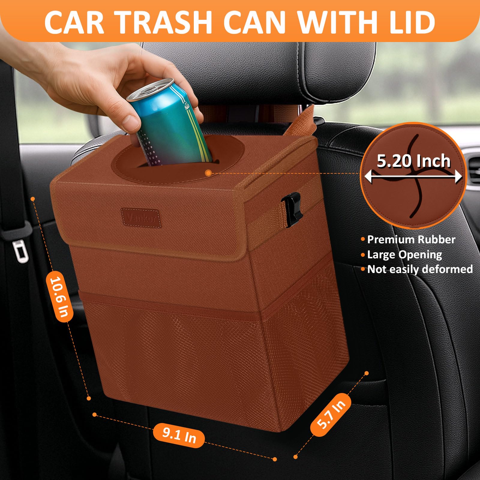 Vankor Car Trash Can, Brown, 2.2 Gallons Capacity, Waterproof, Polyester Material, Adjustable Strap, Hanging Design, Leakproof L