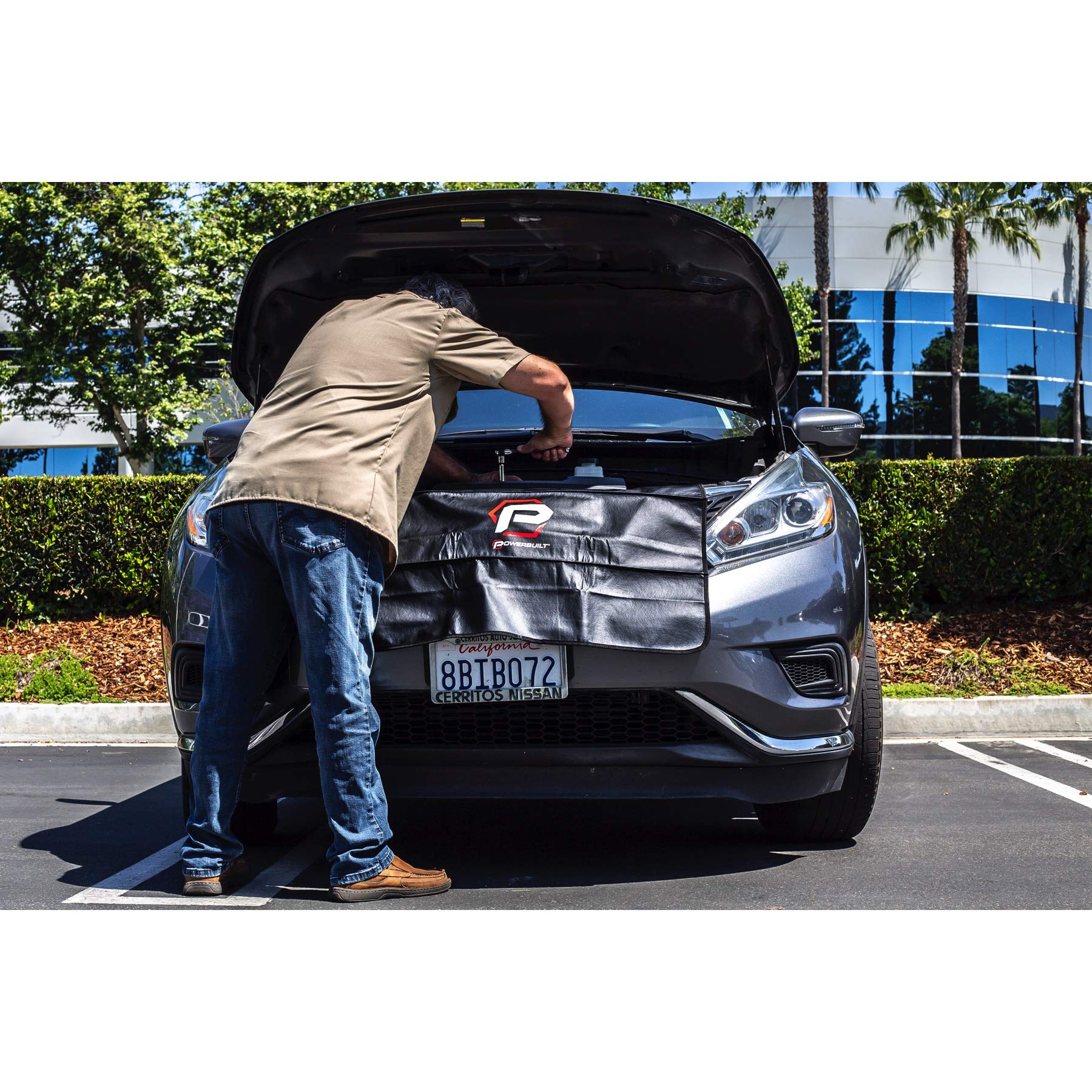 Powerbuilt 24''x 34'' Black Plush Vinyl Fender Cover Protector Pad Mat, Mechanic and Car Repair Under Hood Protection - 640083