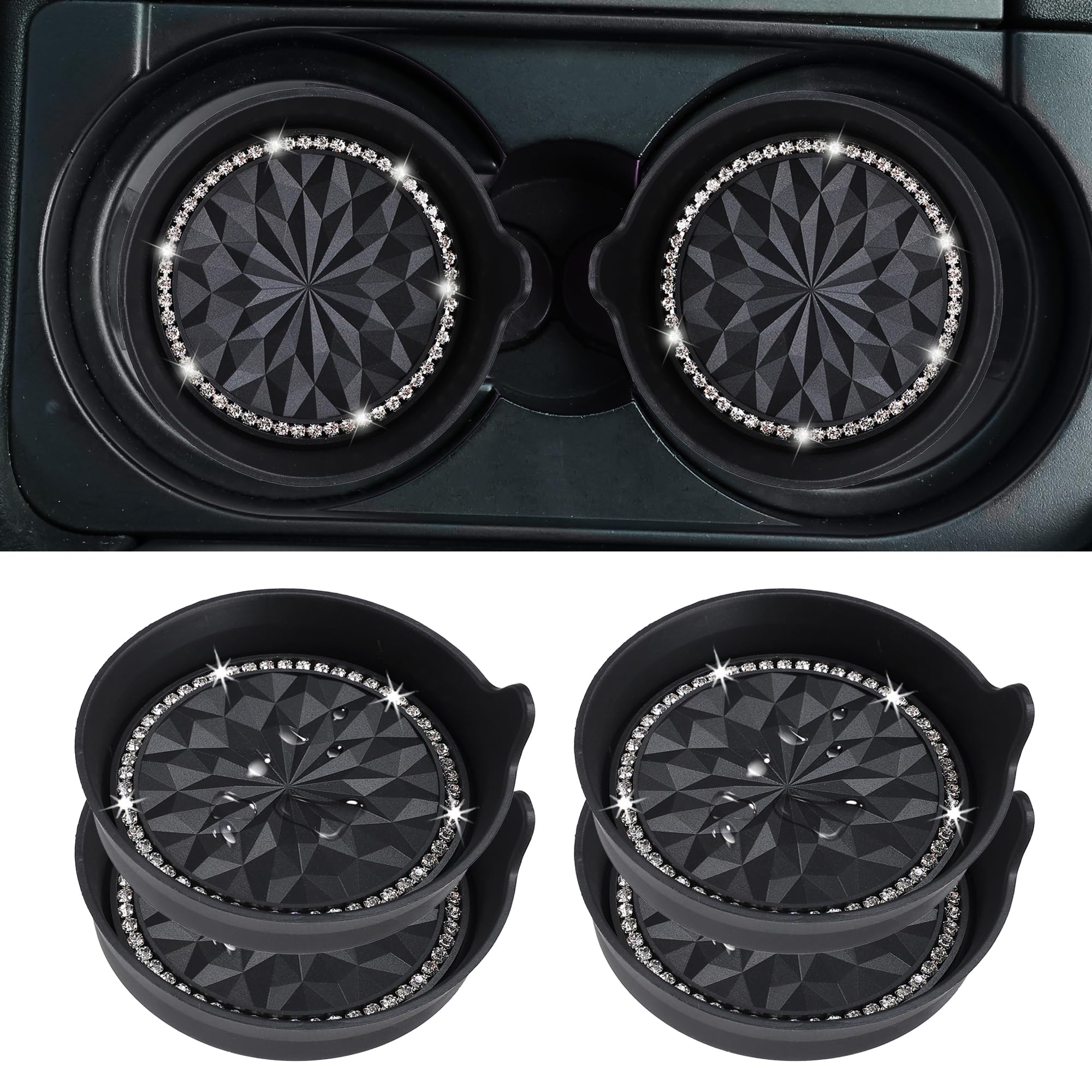 Amooca Car Cup Coaster Universal Non-Slip Cup Holders Bling Crystal Rhinestone Car Interior Accessories 4 Pack Black Flower