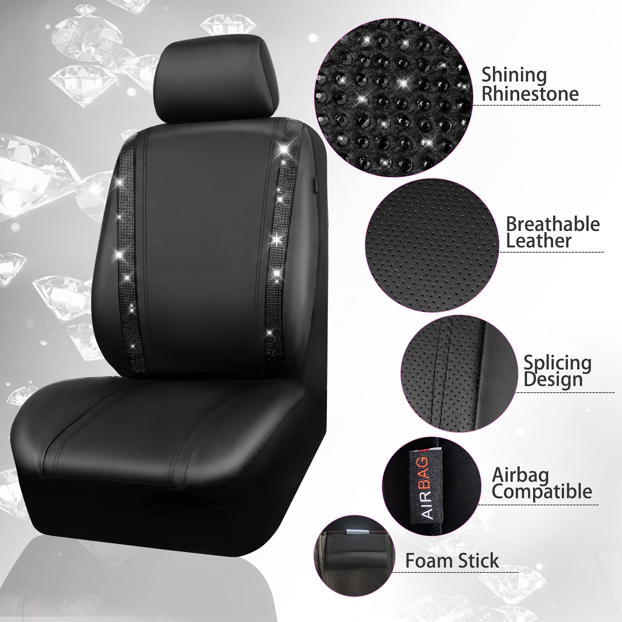 Car Pass Diamond Leather Bling Car Seat Covers Full Set, Shining Rhinestone Waterproof Durable Rear With Zipper, Universal Fit A