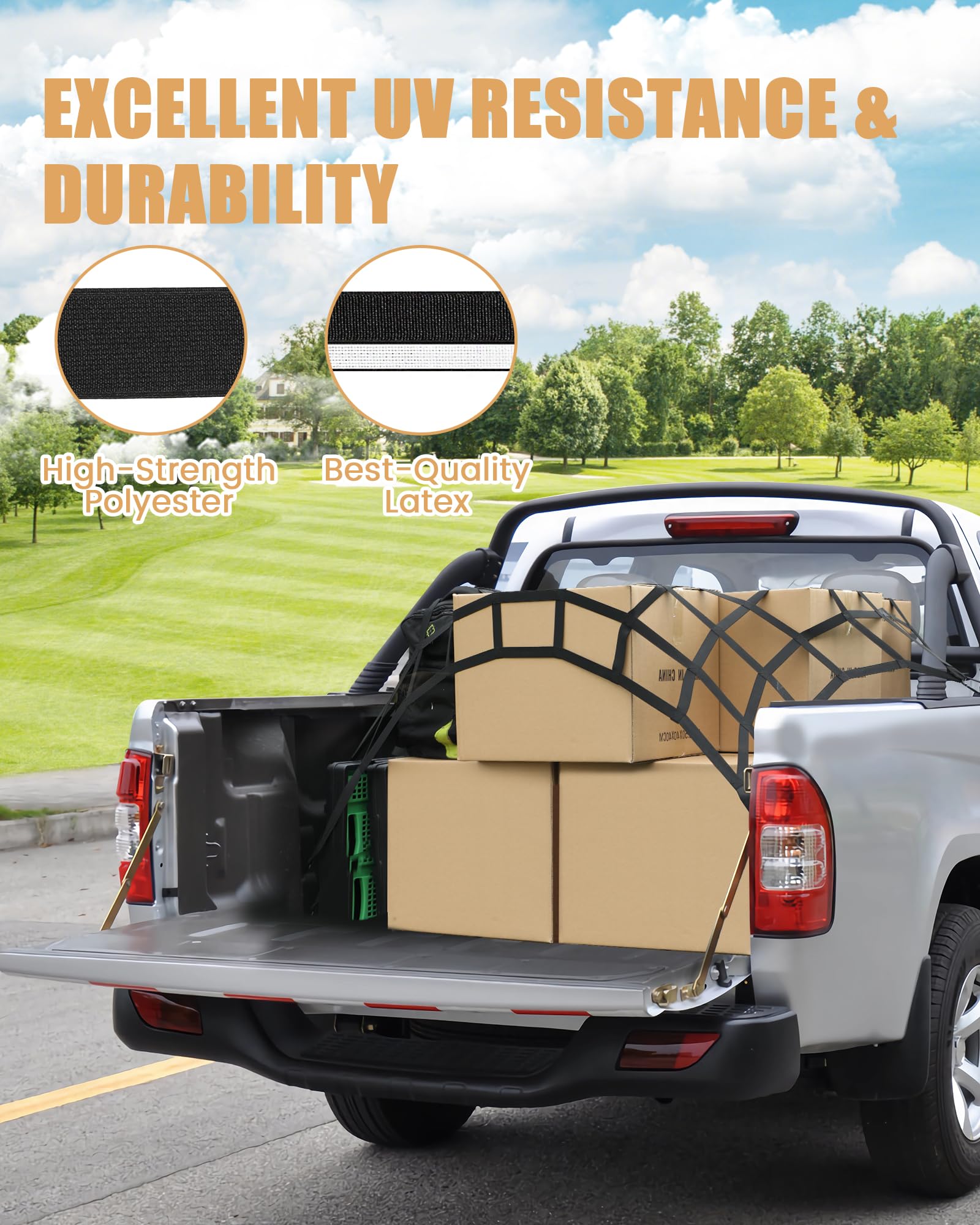 The First Flat Bungee Cargo Net For Pickup Truck Bed, 4' X 4' Stretches To 10' X 10', 25 Mm Heavy Duty Cargo Net With 2 Using Mo