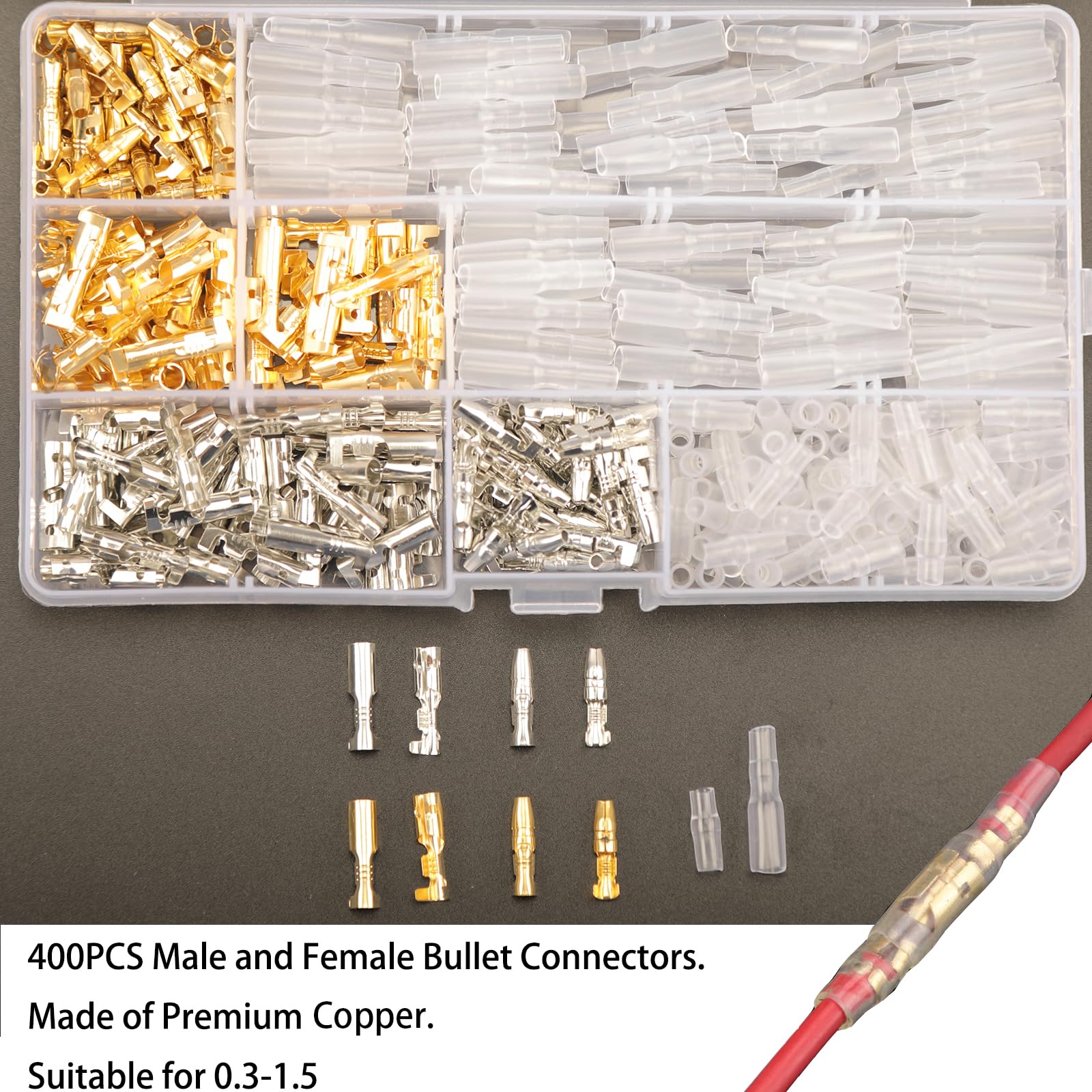 Feggizuli 400PCS 3.9mm Bullet Connectors Male and Female, Brass Bullet Terminal Connectors with Insulation Sleeve, Crimp Termina